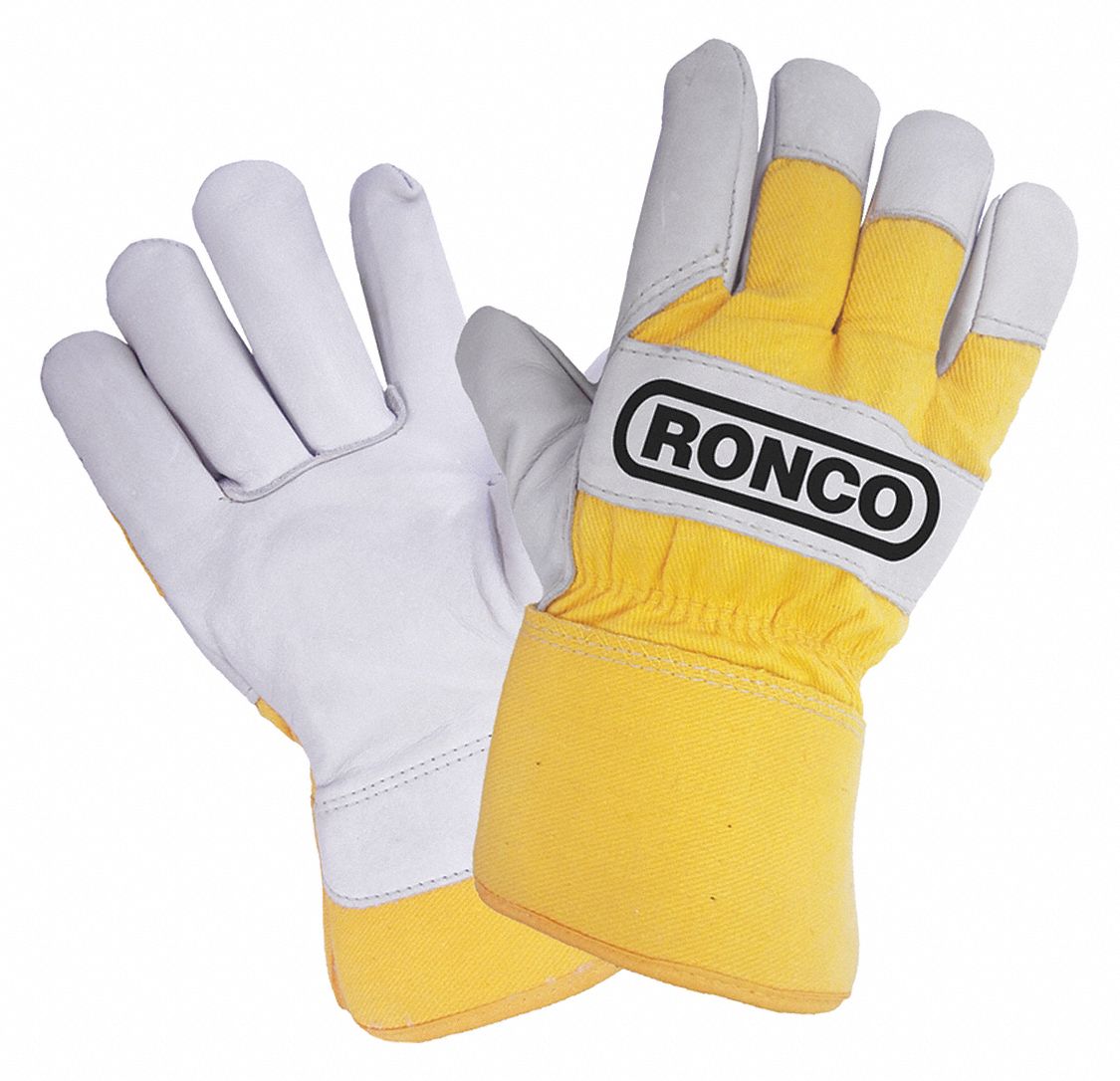 FITTER GLOVES, GUNN CUT/WING THUMB, 10 1/2 IN L, CREAM/YELLOW/BLACK, GRAIN LEATHER/COTTON/CANVAS