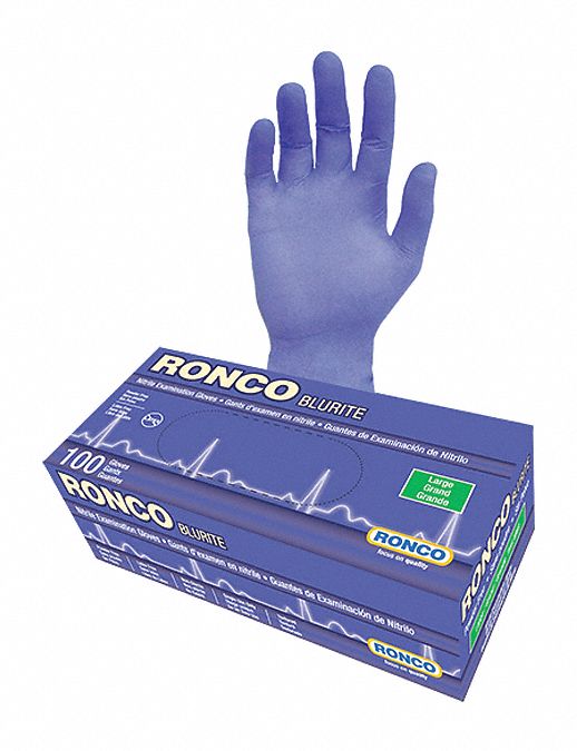 DISPOSABLE GLOVES, 9 1/2 IN L/4 MIL THICK, SIZE 9/L, BLUE, NITRILE, BX 100