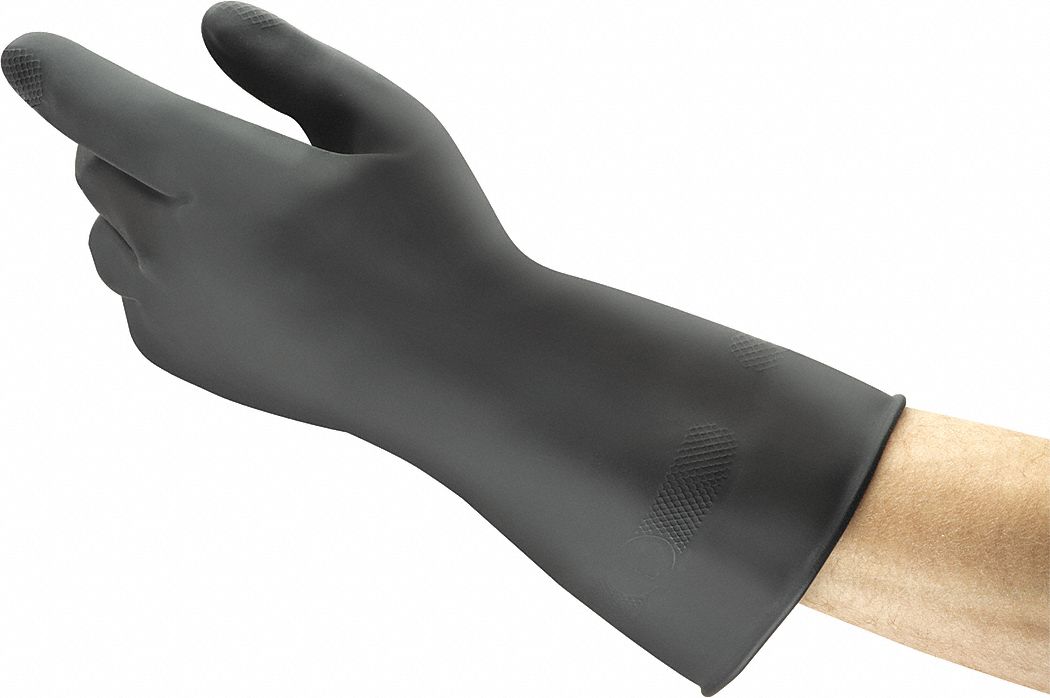 CHEMICAL-RESISTANT GLOVES, BLACK, BEADED CUFF, 9½ IN, NATURAL RUBBER LATEX, XL