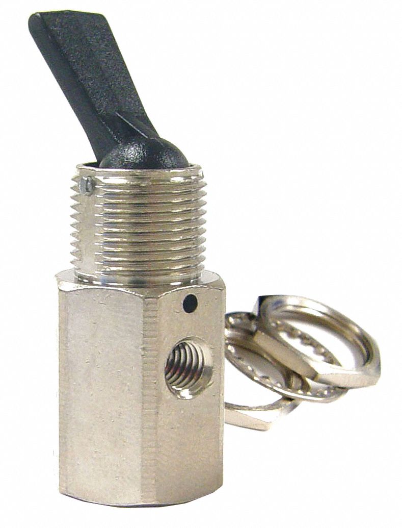 TOGGLE VALVE: 3-WAY, BRASS, 10-32 PIPE SIZE, 15.5 CFM AT 75 PSI, NORMALLY CLOSED