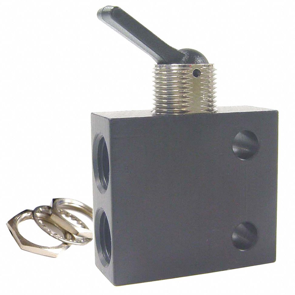 TOGGLE VALVE: 3-WAY, ALUMINUM/BRASS, ⅛ PIPE SIZE, 33 CFM AT 75 PSI