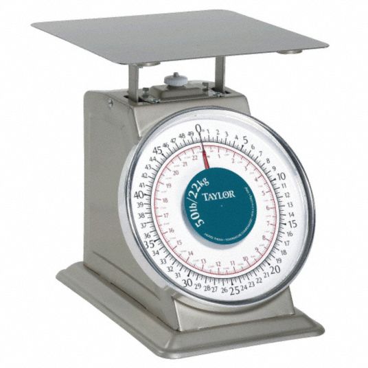 TAYLOR Dial Scale: 50 lb Wt Capacity, 8 3/4 in Weighing Surface Dp, 8 3/4  in Weighing Surface Wd