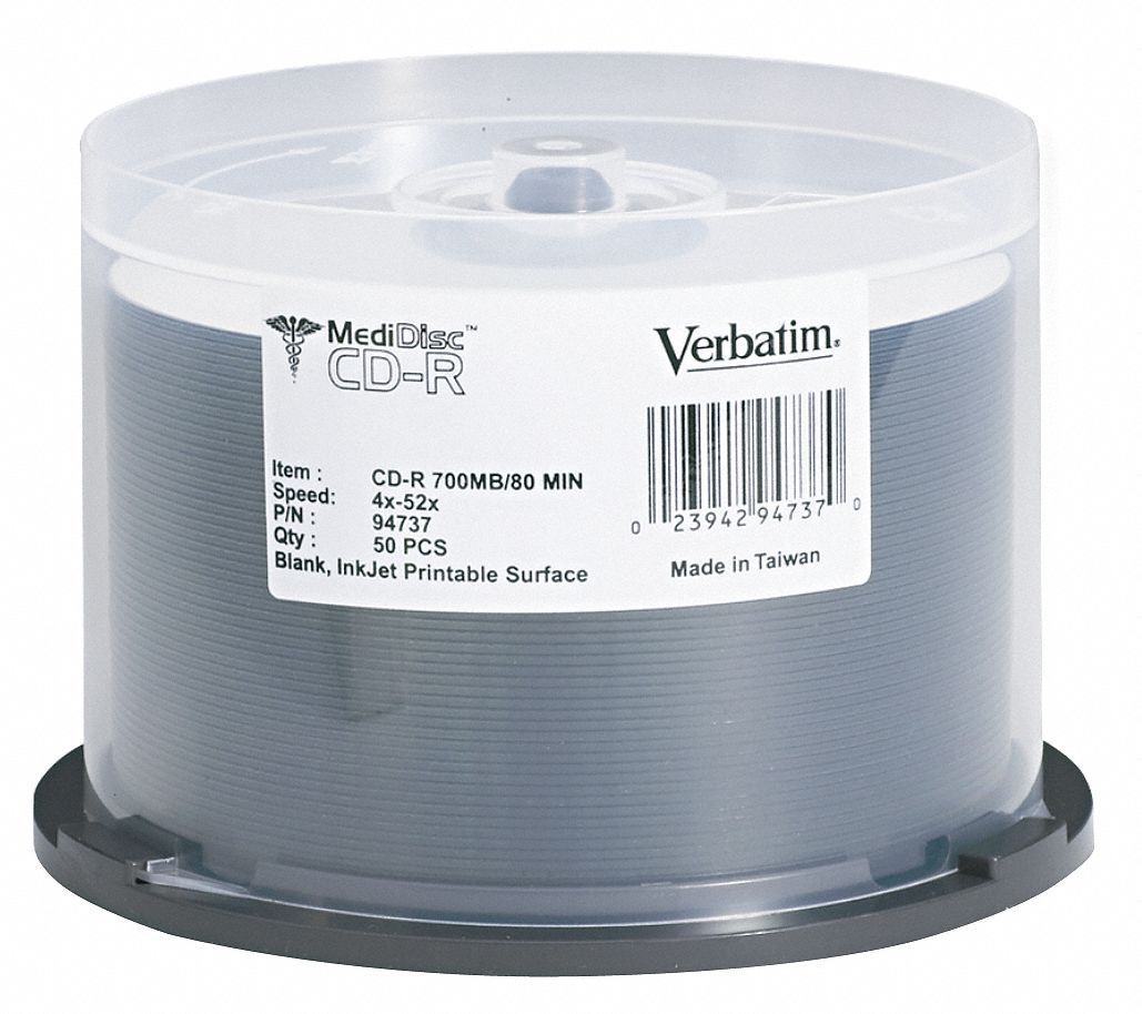 VERBATIM CD-R Disc, 700 MB Capacity, 52x Speed - 14F826|VER94737 - Grainger