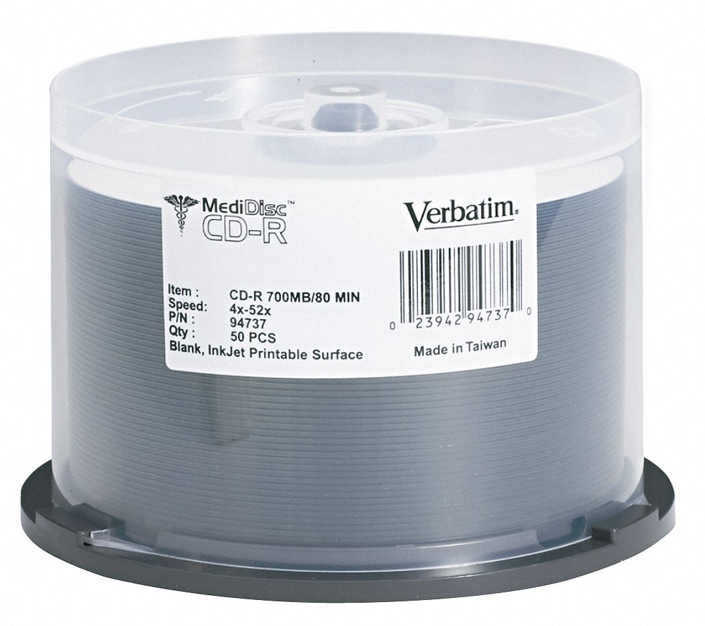 VERBATIM CDR Disc, 700 MB Capacity, 52x Speed 14F826VER94737 Grainger