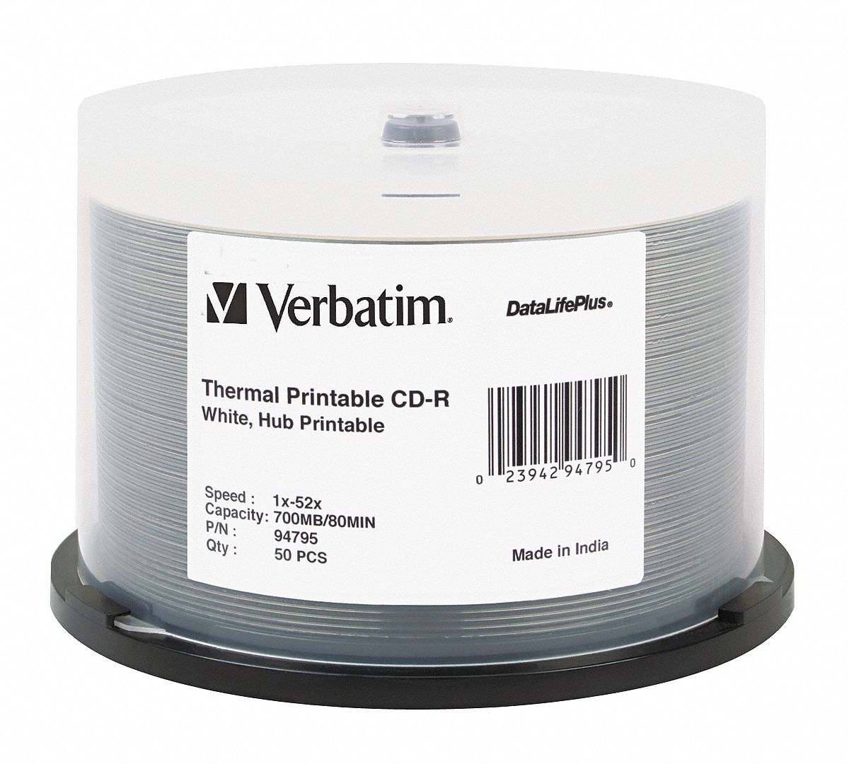 VERBATIM CD-R Disc: 700 MB Capacity, 52x, White, Spindle, Thermal  Printable, 80 min Time, 50 PK