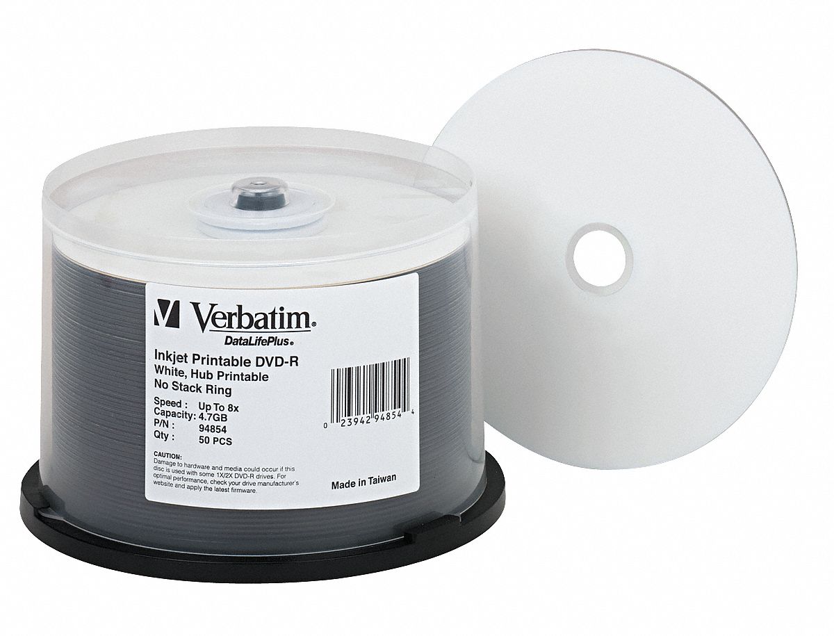 VERBATIM DVDR Disc, 4.7 GB Capacity, 8x Speed 14F831VER94854 Grainger