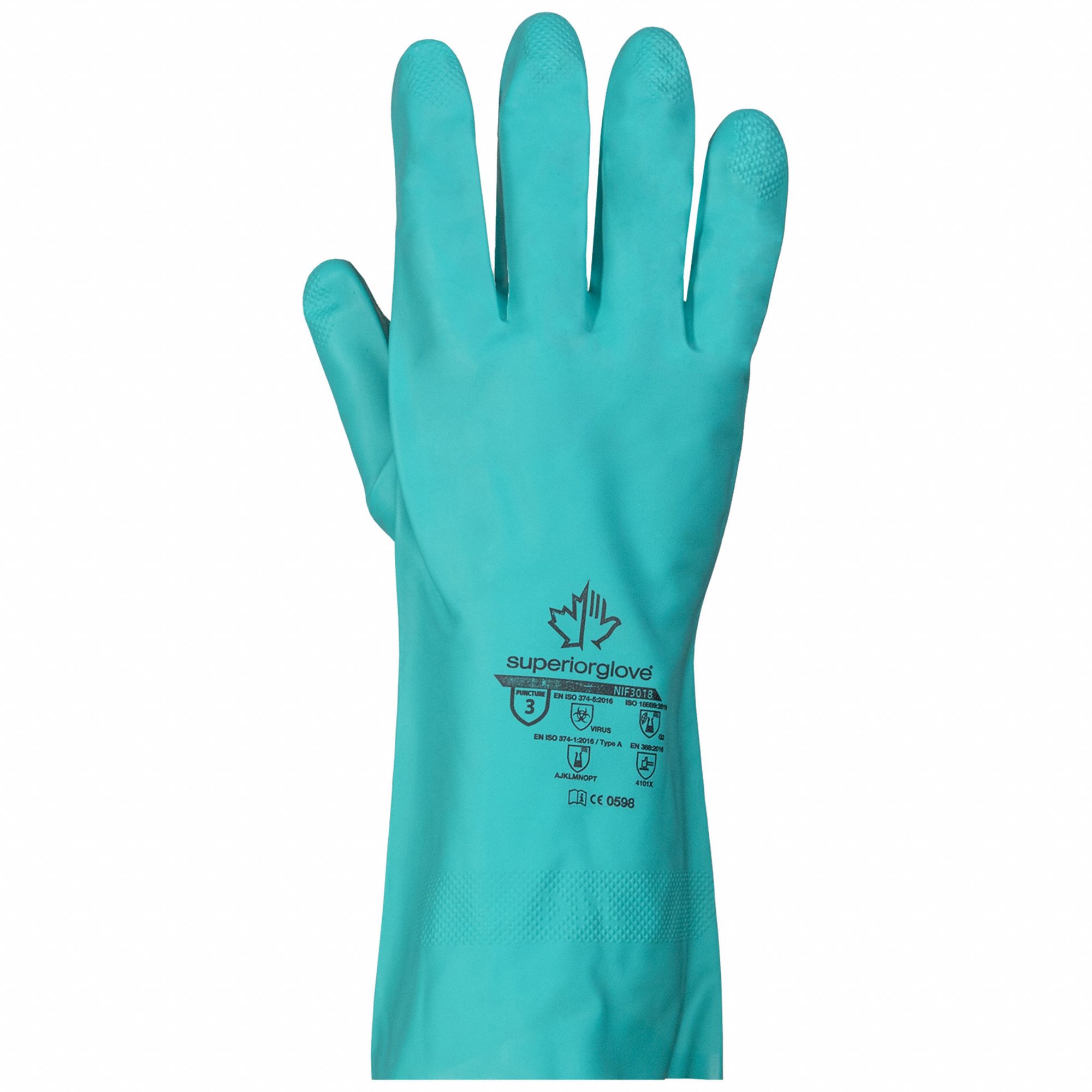 CHEMICAL-RESISTANT GLOVES, FLOCK, NITRILE COATED, GREEN, S