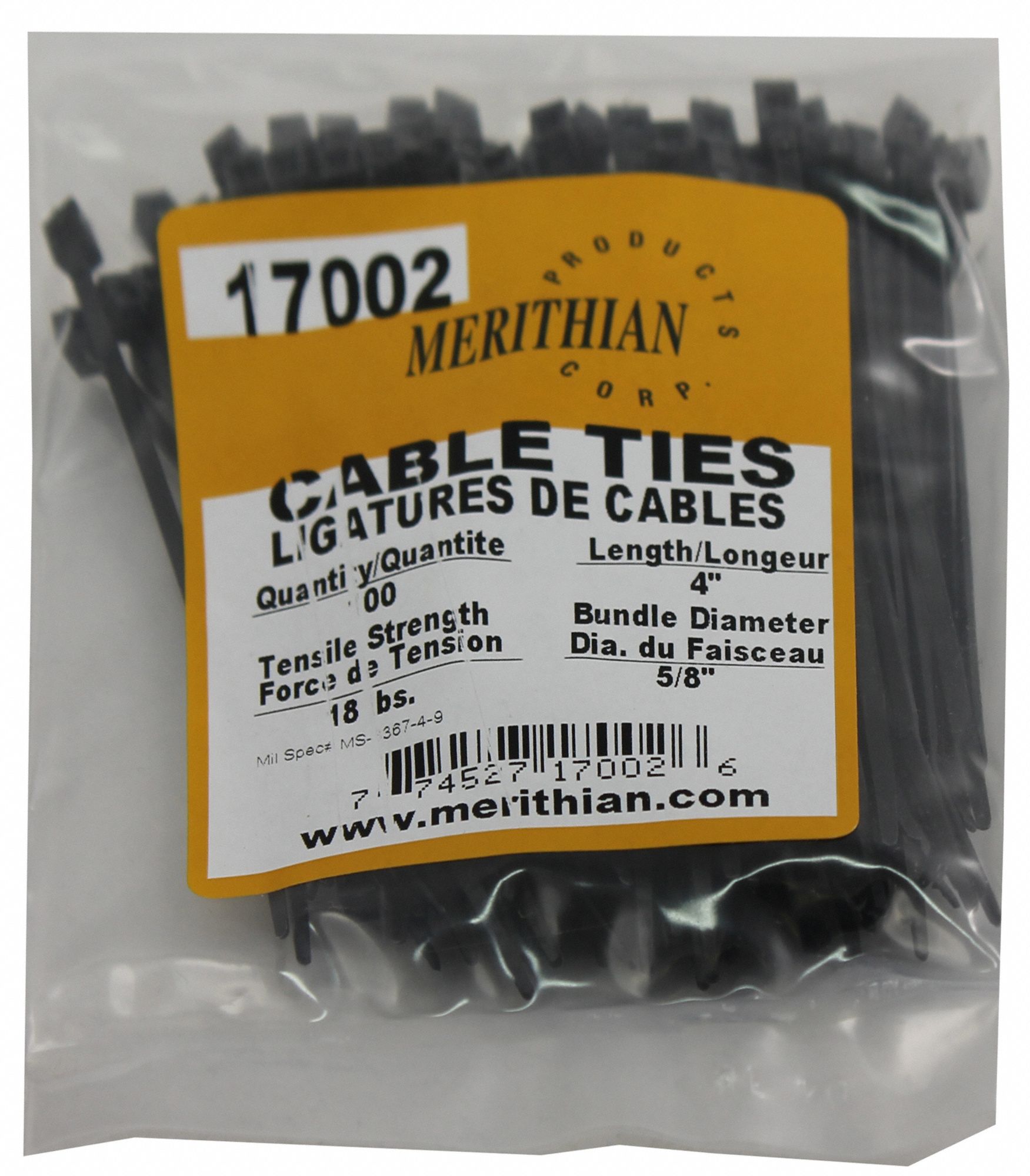 CABLE TIES, NYLON 6/6, BLACK, 0.1 IN WIDTH, FLAME RETARDANT, 4 IN, UV STABILIZED, 100 PK