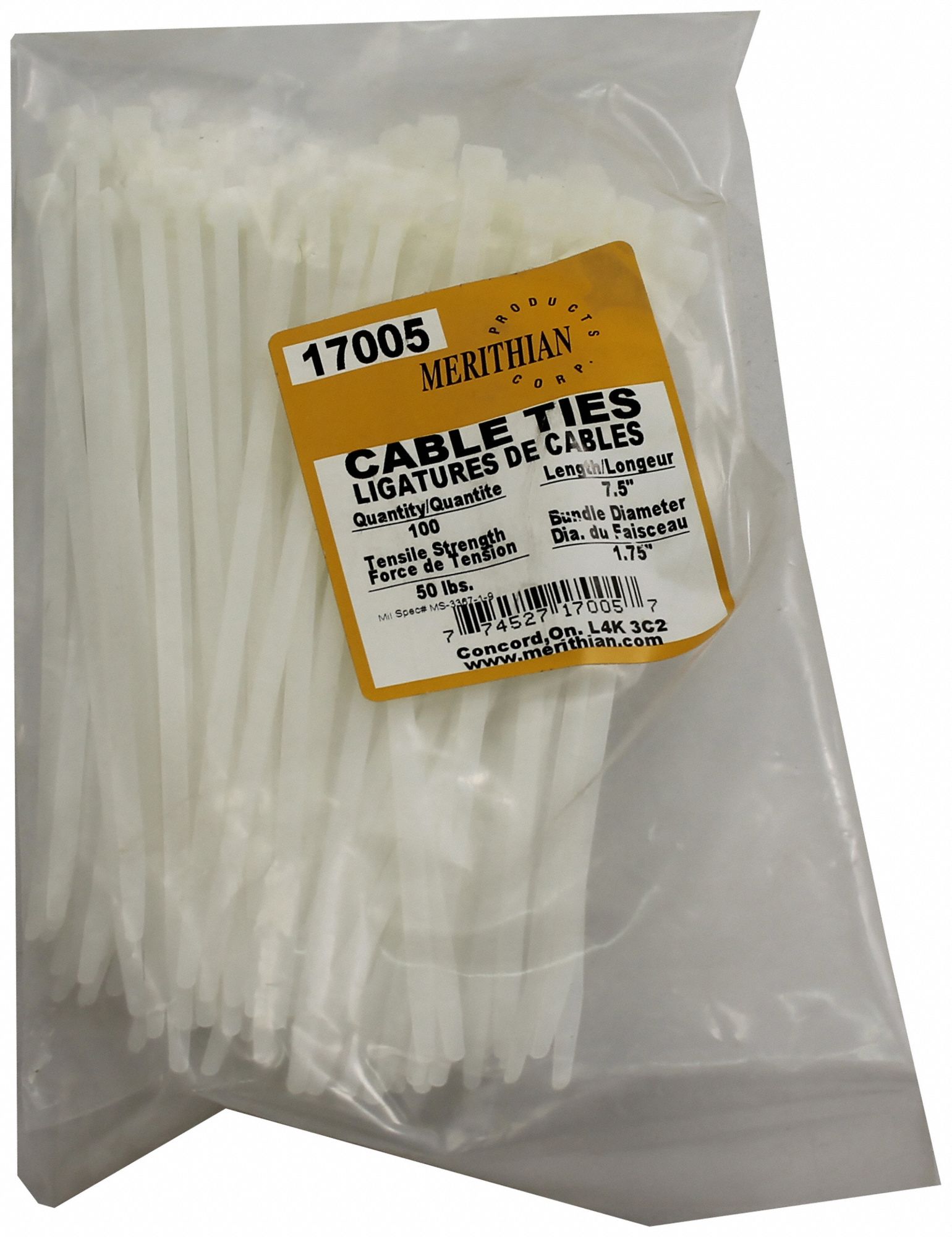 CABLE TIES, NYLON 6/6, NATURAL, 0.18 IN WIDTH, FLAME RETARDANT, 7.5 IN, GENERAL PURPOSE