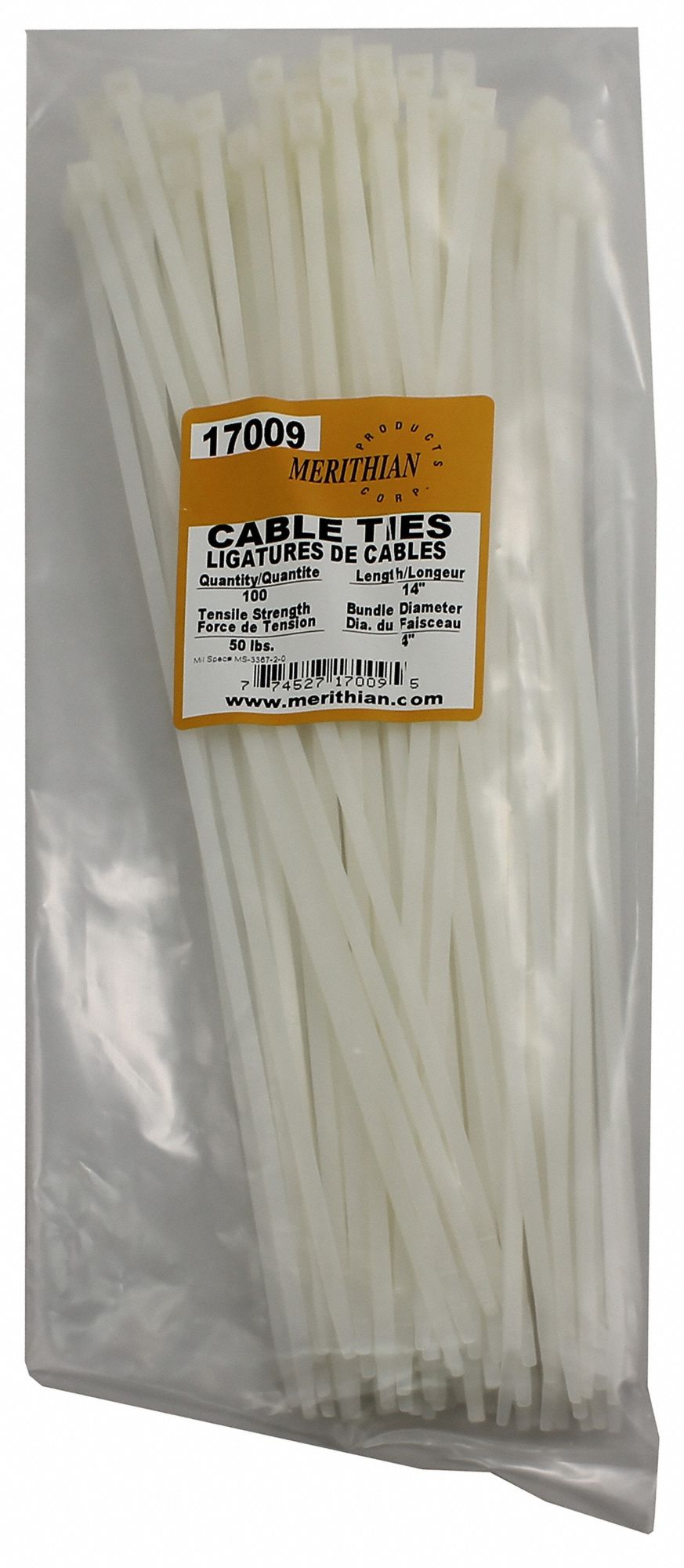 CABLE TIES, NYLON 6/6, NATURAL, 0.18 IN WIDTH, FLAME RETARDANT, 14 IN, GENERAL PURPOSE