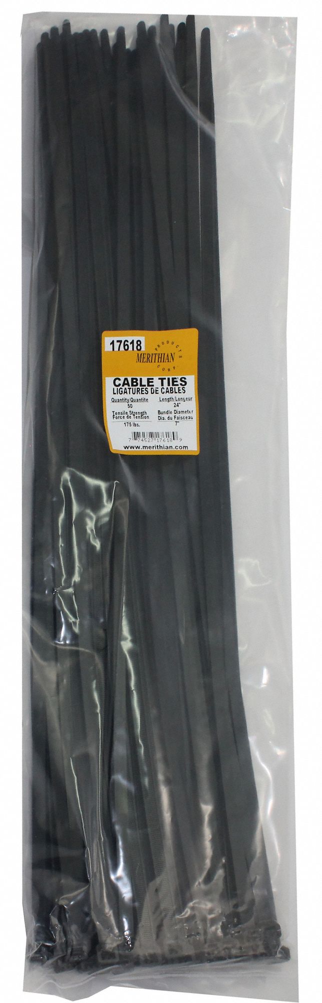 CABLE TIES, NYLON 6/6, BLACK, 0.35 IN WIDTH, FLAME RETARDANT, 24 IN, UV STABILIZED