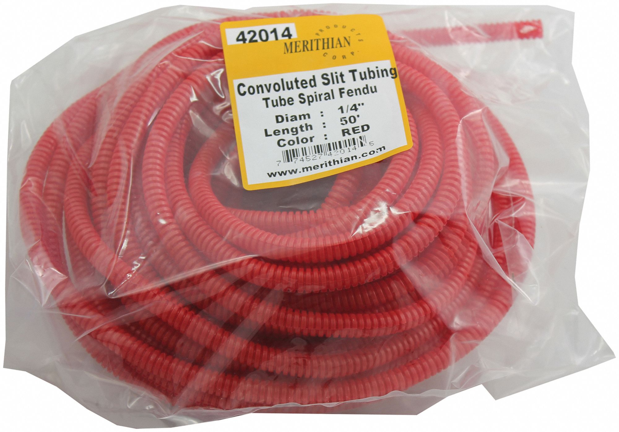 CORRUGATED SPLIT LOOM TUBING, RED, 50 FT LENGTH, 1/4 IN