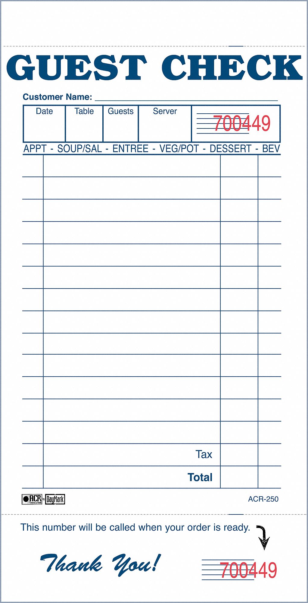 DAYMARK Guest Checks & Receipts, Binding Type Notepad, Number of Sheets 100, Number of