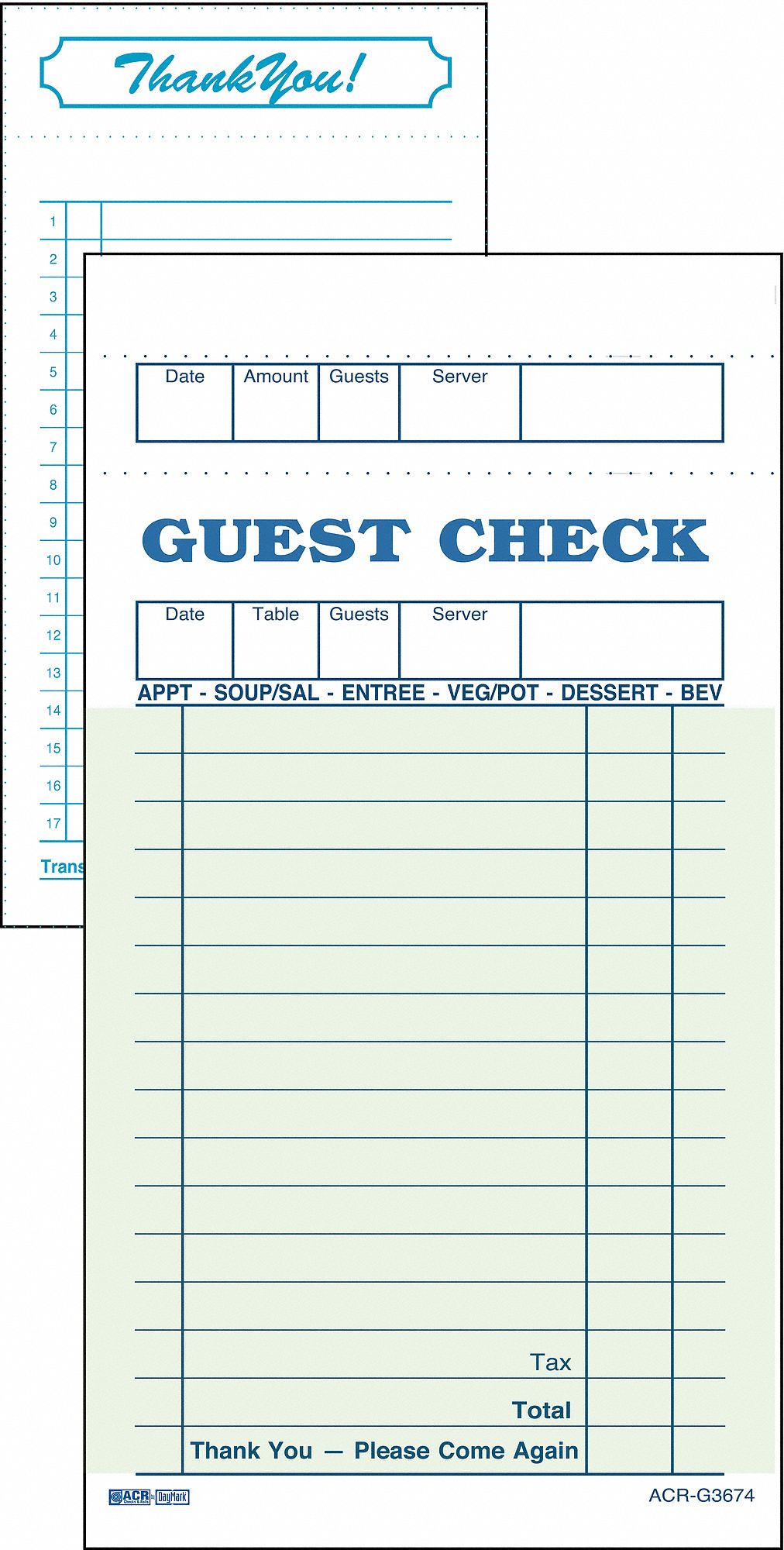 DAYMARK Guest Checks & Receipts, Binding Type Notepad, Number of Sheets