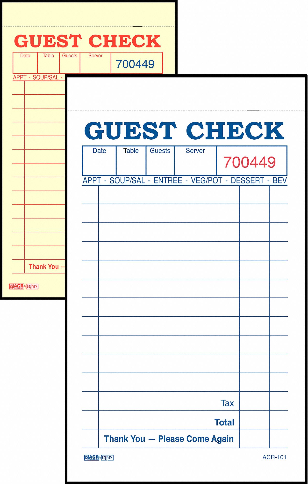 5 3/4 in Lg, 3 3/8 in Wd, Guest Checks & Receipts - 14H125|ACR -101 ...