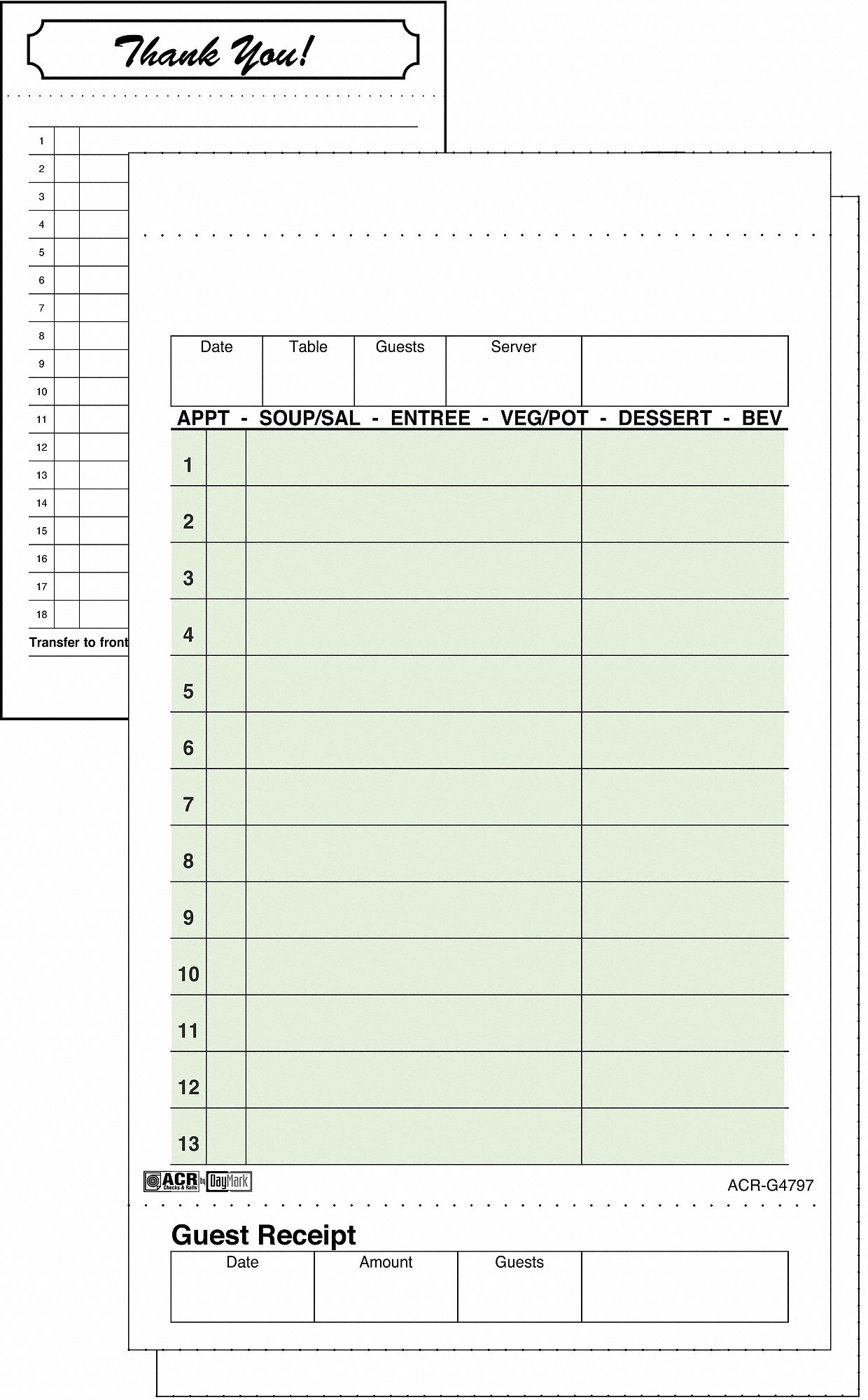 DAYMARK Guest Checks & Receipts 4 1/4 in Lg, 7 1/4 in Wd, Green, 250