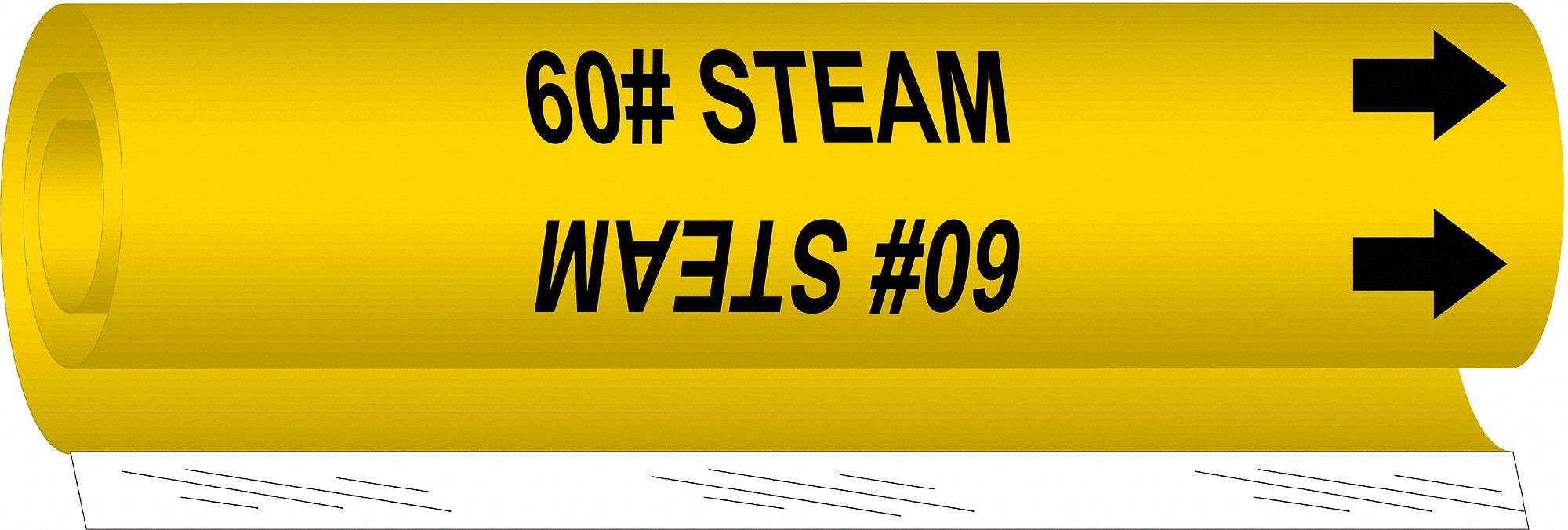 Pipe Marker: 60# Steam, Yellow, Black, Fits 1 1/2 to 2 3/8 in Pipe O.D., 1 Pipe Markers, With Arrows