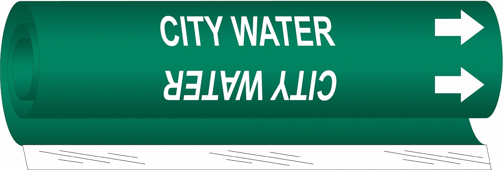 Pipe Marker: City Water, Green, White, Fits 1 1/2 to 2 3/8 in Pipe O.D., 1 Pipe Markers, With Arrows