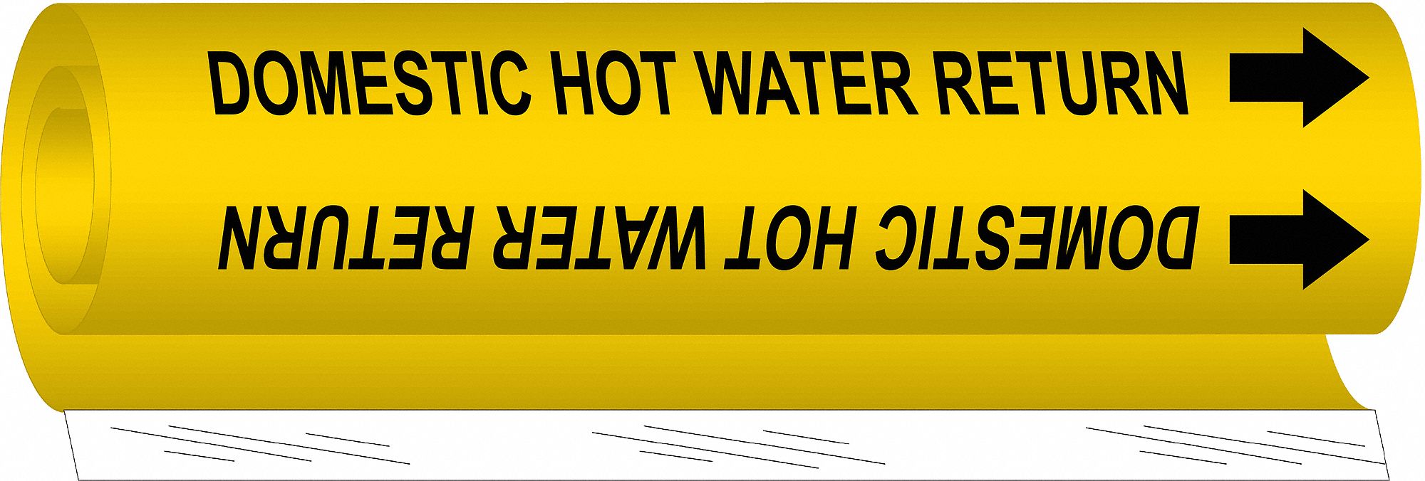 Pipe Marker: Domestic Hot Water Return, Yellow, Black, Fits 1 1/2 to 2 3/8 in Pipe O.D., With Arrows