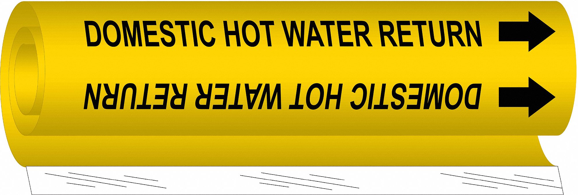 Pipe Marker: Domestic Hot Water Return, Yellow, Black, Fits 2 1/2 to 7 7/8 in Pipe O.D., With Arrows