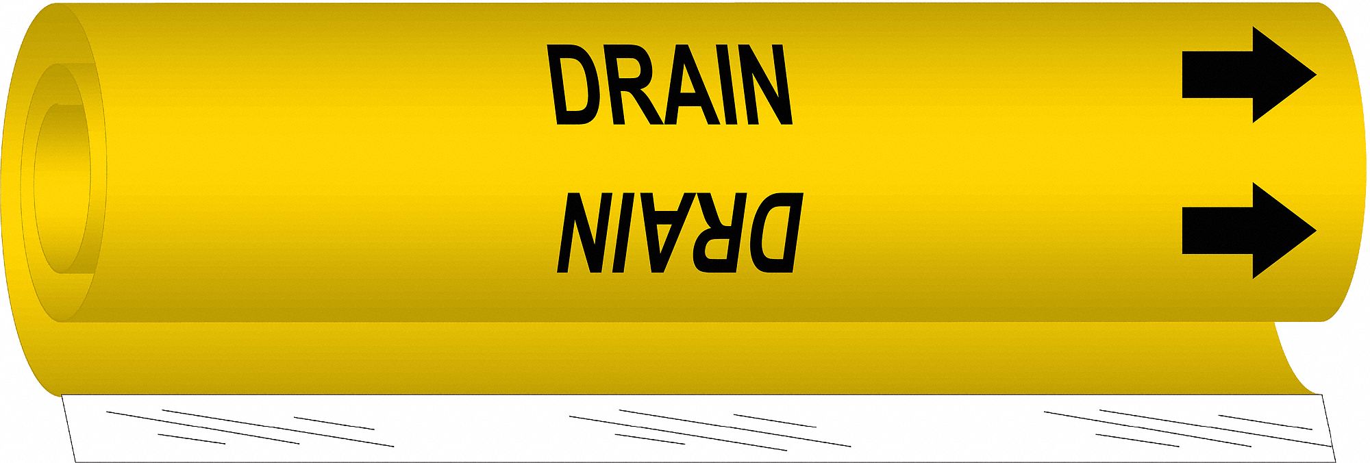 Pipe Marker: Drain, Yellow, Black, Fits 1 1/2 to 2 3/8 in Pipe O.D., 1 Pipe Markers, With Arrows