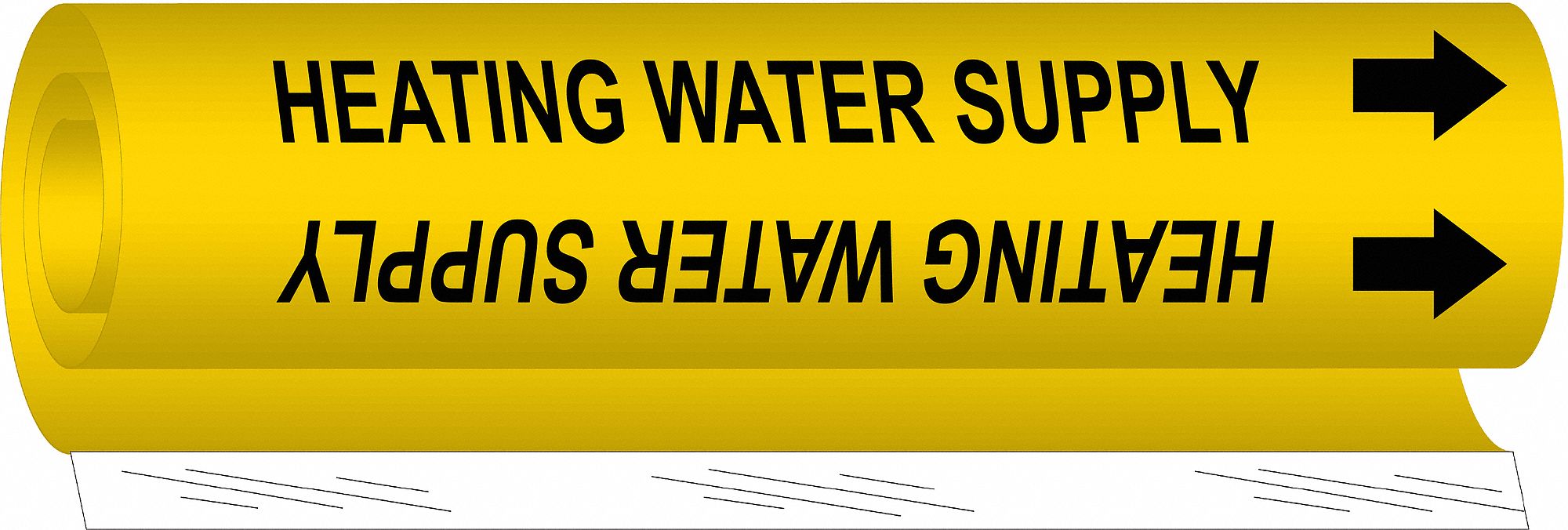 Pipe Marker: Heating Water Supply, Yellow, Black, Fits 1 1/2 to 2 3/8 in Pipe O.D., 1 Pipe Markers