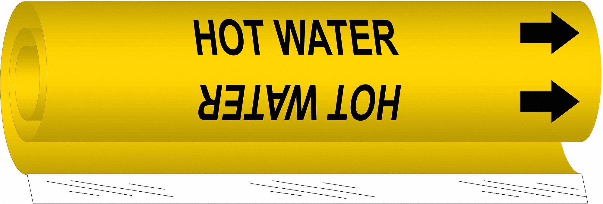 Pipe Marker: Hot Water, Yellow, Black, Fits 1 1/2 to 2 3/8 in Pipe O.D., 1 Pipe Markers, With Arrows