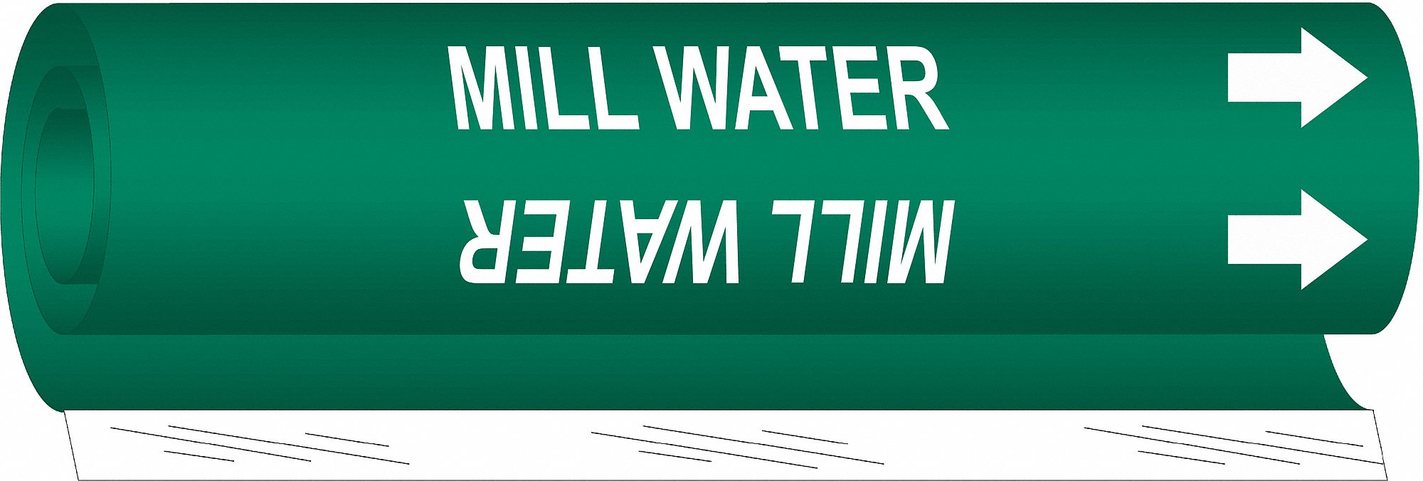 Pipe Marker: Mill Water, Green, White, Fits 1/2 to 1 3/8 in Pipe O.D., 1 Pipe Markers, With Arrows
