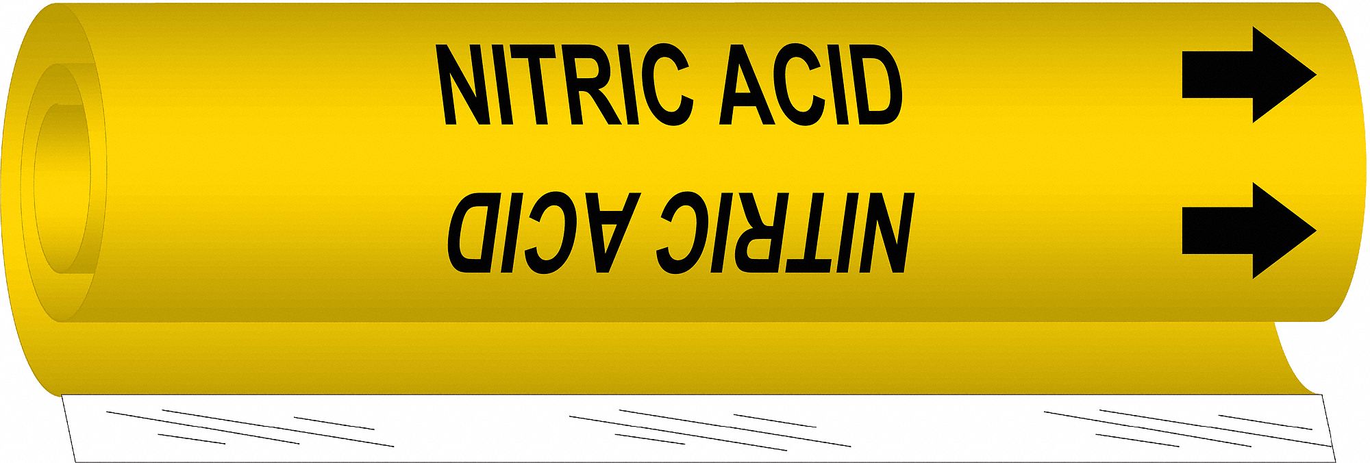 Pipe Marker: Nitric Acid, Yellow, Black, Fits 1/2 to 1 3/8 in Pipe O.D., 1 Pipe Markers, With Arrows