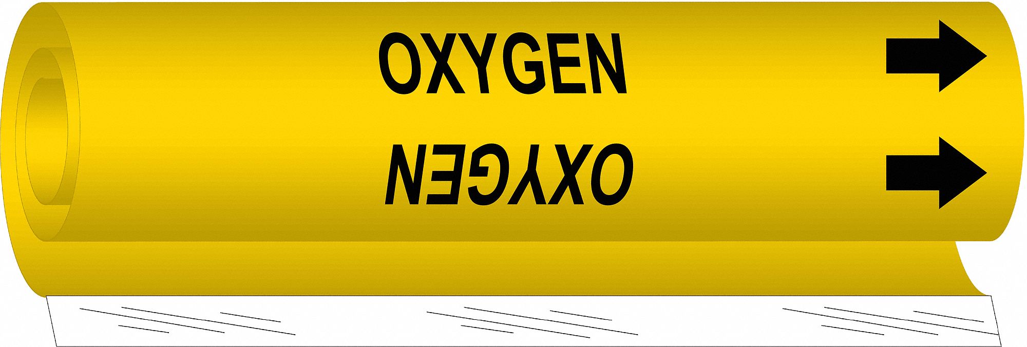 Pipe Marker: Oxygen, Yellow, Black, Fits 1 1/2 to 2 3/8 in Pipe O.D., 1 Pipe Markers, With Arrows