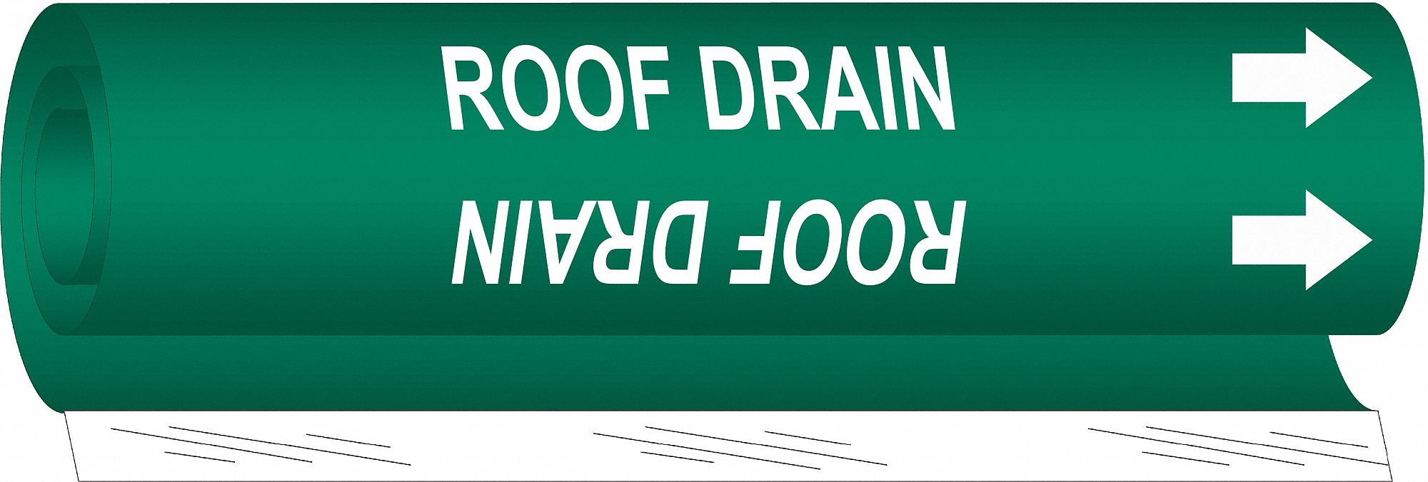 Pipe Marker: Roof Drain, Green, White, Fits 1 1/2 to 2 3/8 in Pipe O.D., 1 Pipe Markers, With Arrows