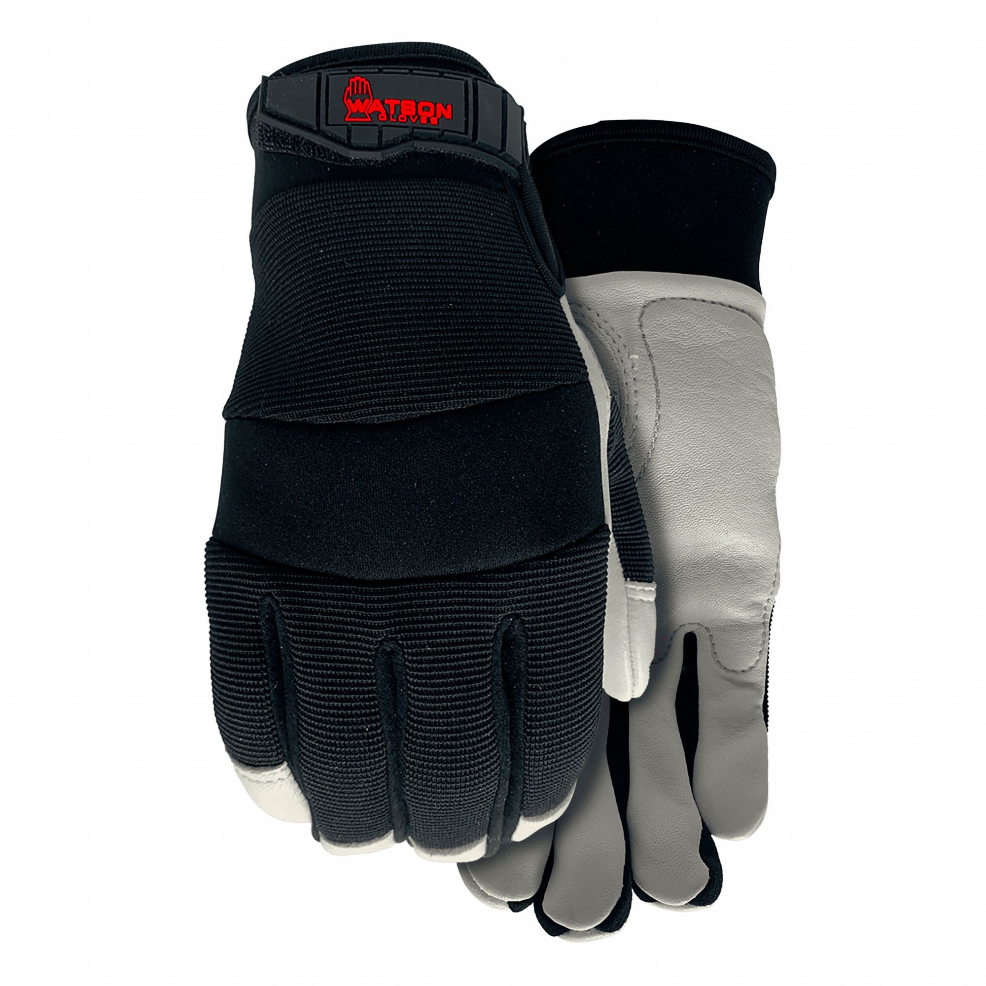 KNOCK OUT MECHANIC GLOVES, REINFORCED THUMB, SIZE XL, BLACK/WHITE, GOATSKIN LEATHER/SPANDEX/NEOPRENE