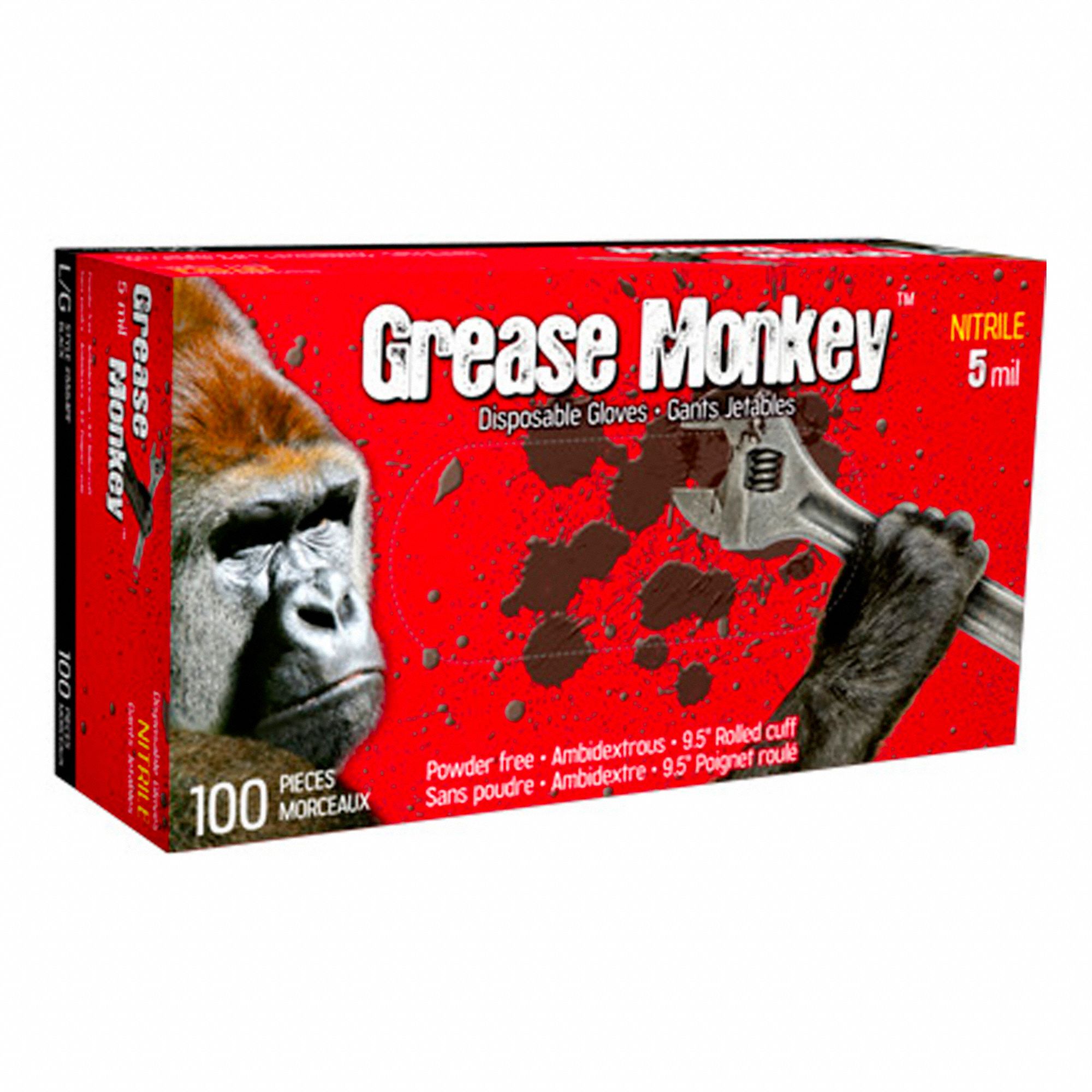 GREASE MONKEY DISP GLOVES, 9 1/2 IN L/5 MIL THICK, SIZE 9/L, BLACK, LATEX, PK 100