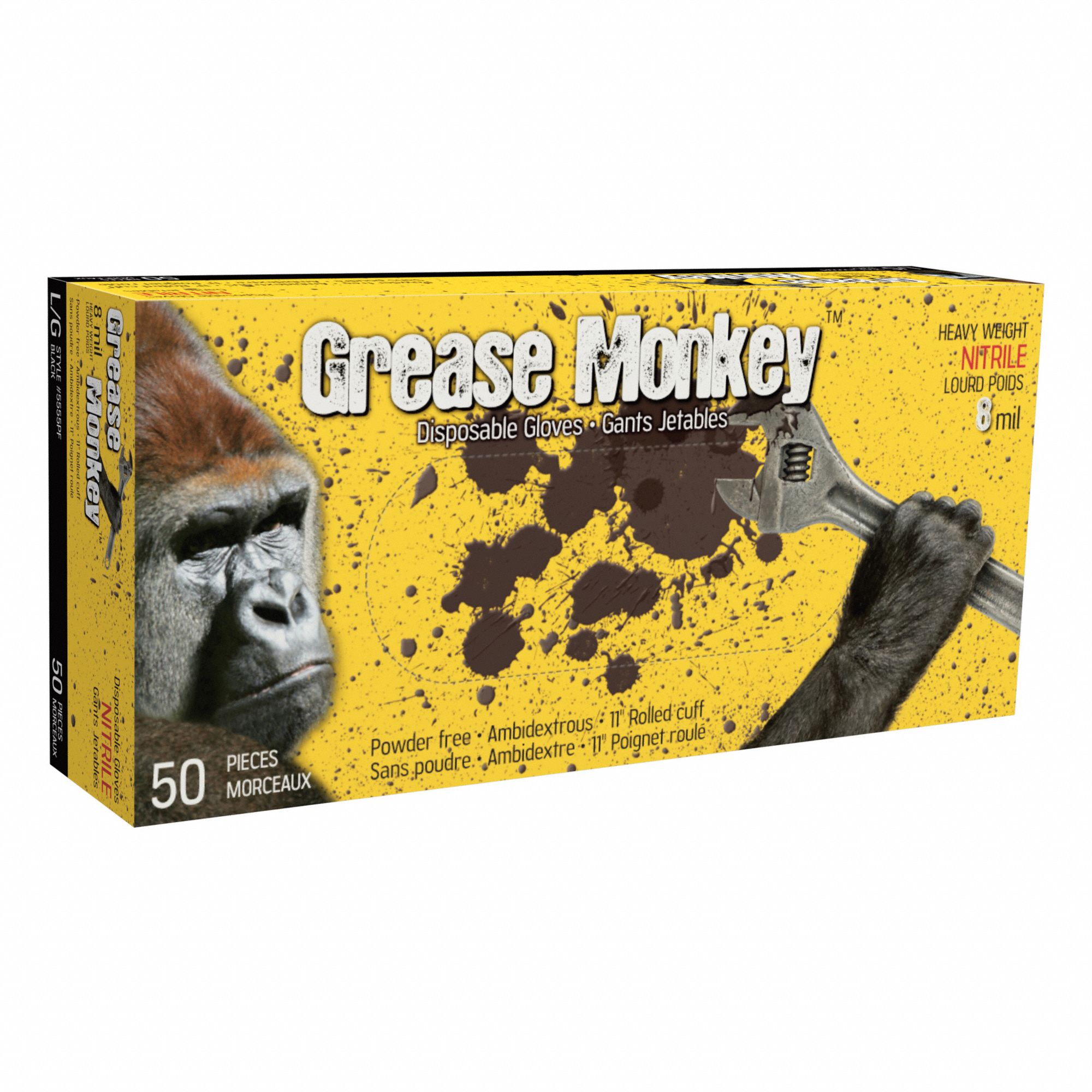 GREASE MONKEY DISP GLOVES, 11 IN L/8 MIL THICK, SIZE 10/XL, BLACK, NITRILE, PK 50