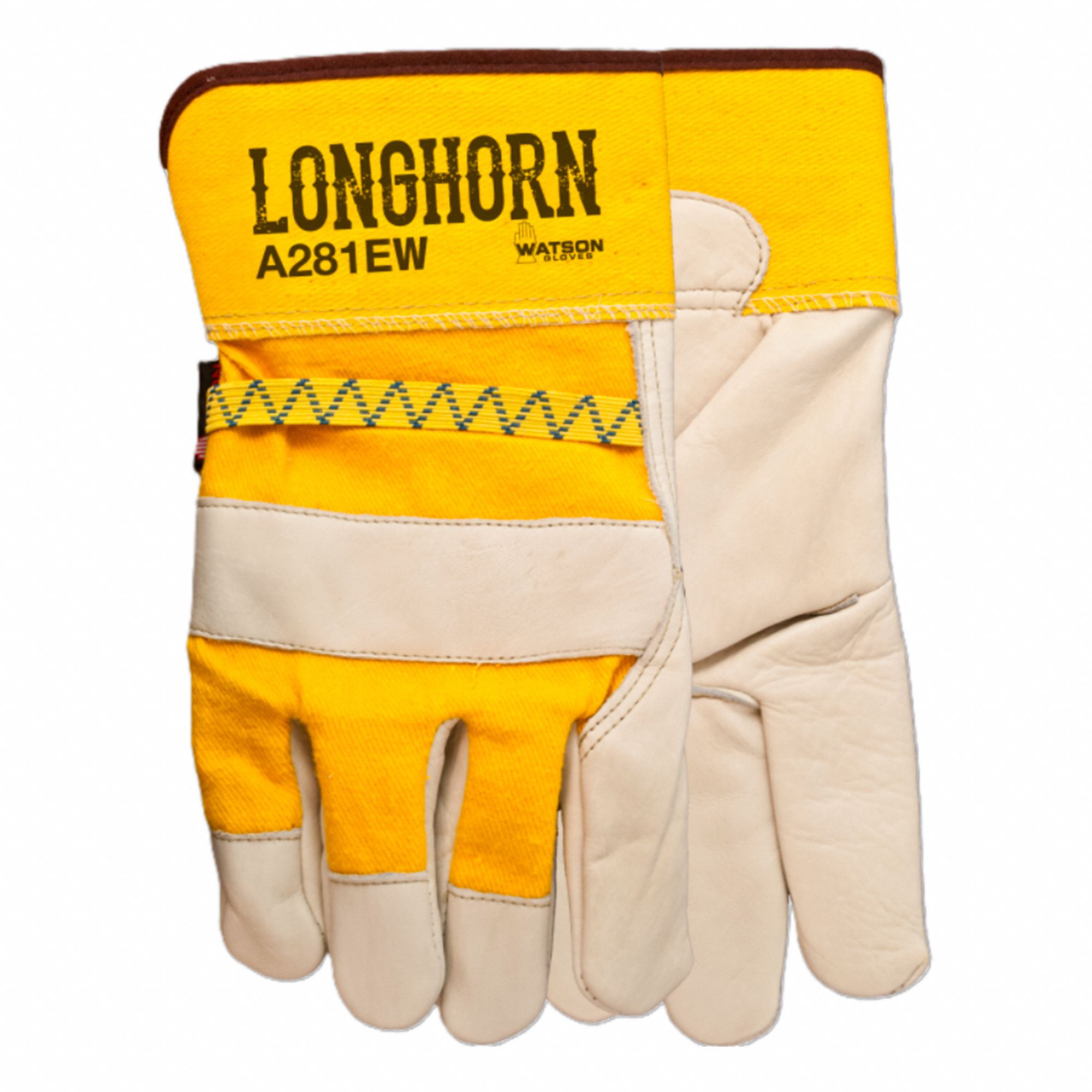 LEATHER GLOVES, GUNN CUT, WING THUMB, UNLINED, XL/SZ 10, YELLOW/WHITE, COWHIDE/COTTON/POLYESTER, PR