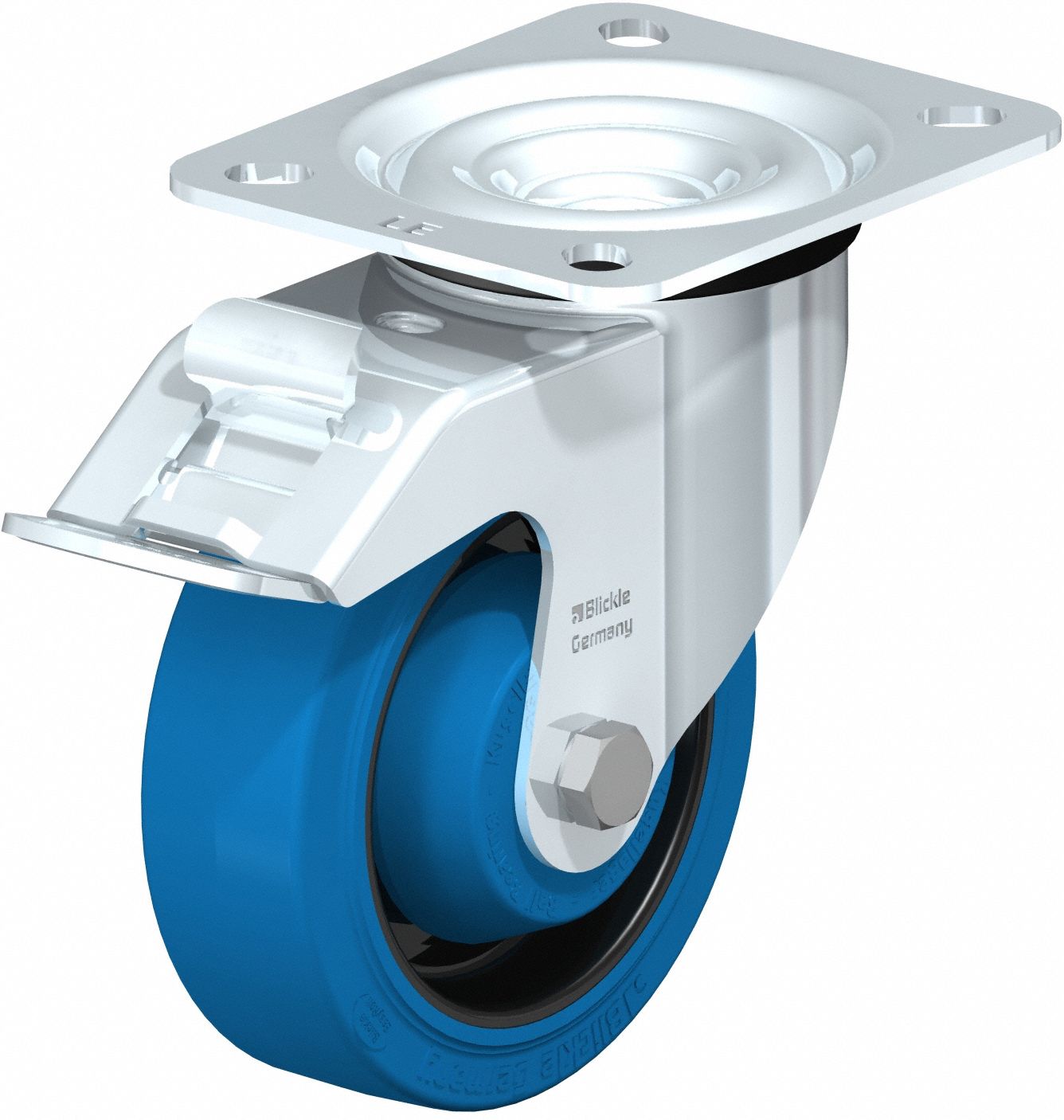 SWIVEL CASTER C BRAKE, 180KG LD CAP, BLUE, 35 X 155 X 125 MM, STEEL/RUBBER