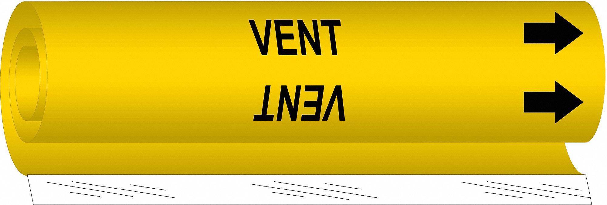 Pipe Marker: Vent, Yellow, Black, Fits 1 1/2 to 2 3/8 in Pipe O.D., 1 Pipe Markers, With Arrows