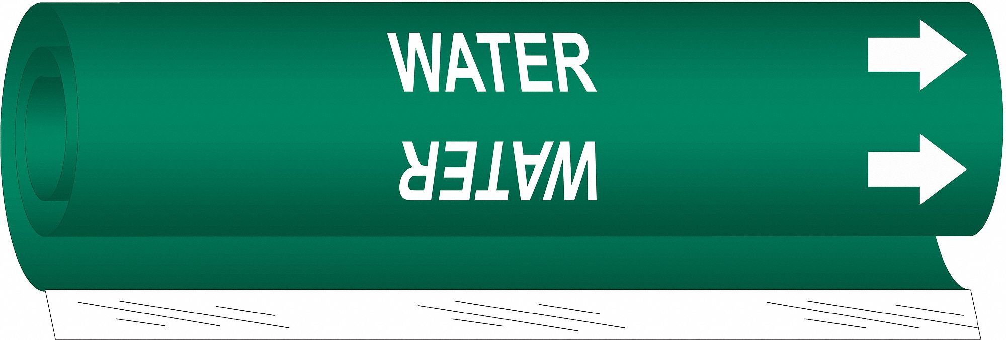 Pipe Marker: Water, Green, White, Fits 1 1/2 to 2 3/8 in Pipe O.D., 1 Pipe Markers, With Arrows