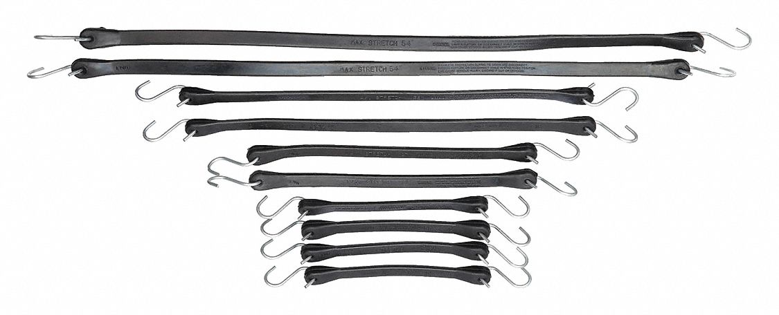 BUNGEE STRAP ASSORTMENT, S-HOOK, 2½ IN HOOK L, RUBBER, ¾ IN W, 31 IN L, BLACK, 10 PK