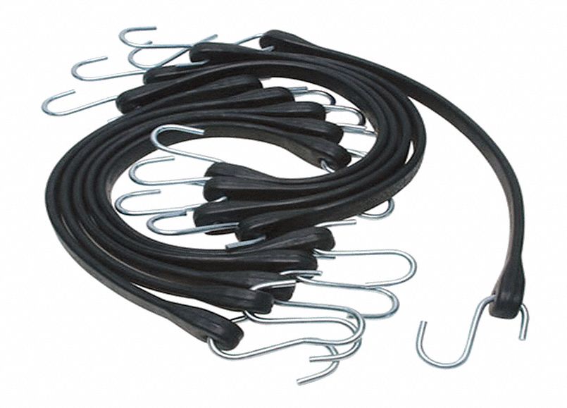 Black EPDM Rubber Bungee Strap Assortment with S-Hooks, Bungee Length: 31 in