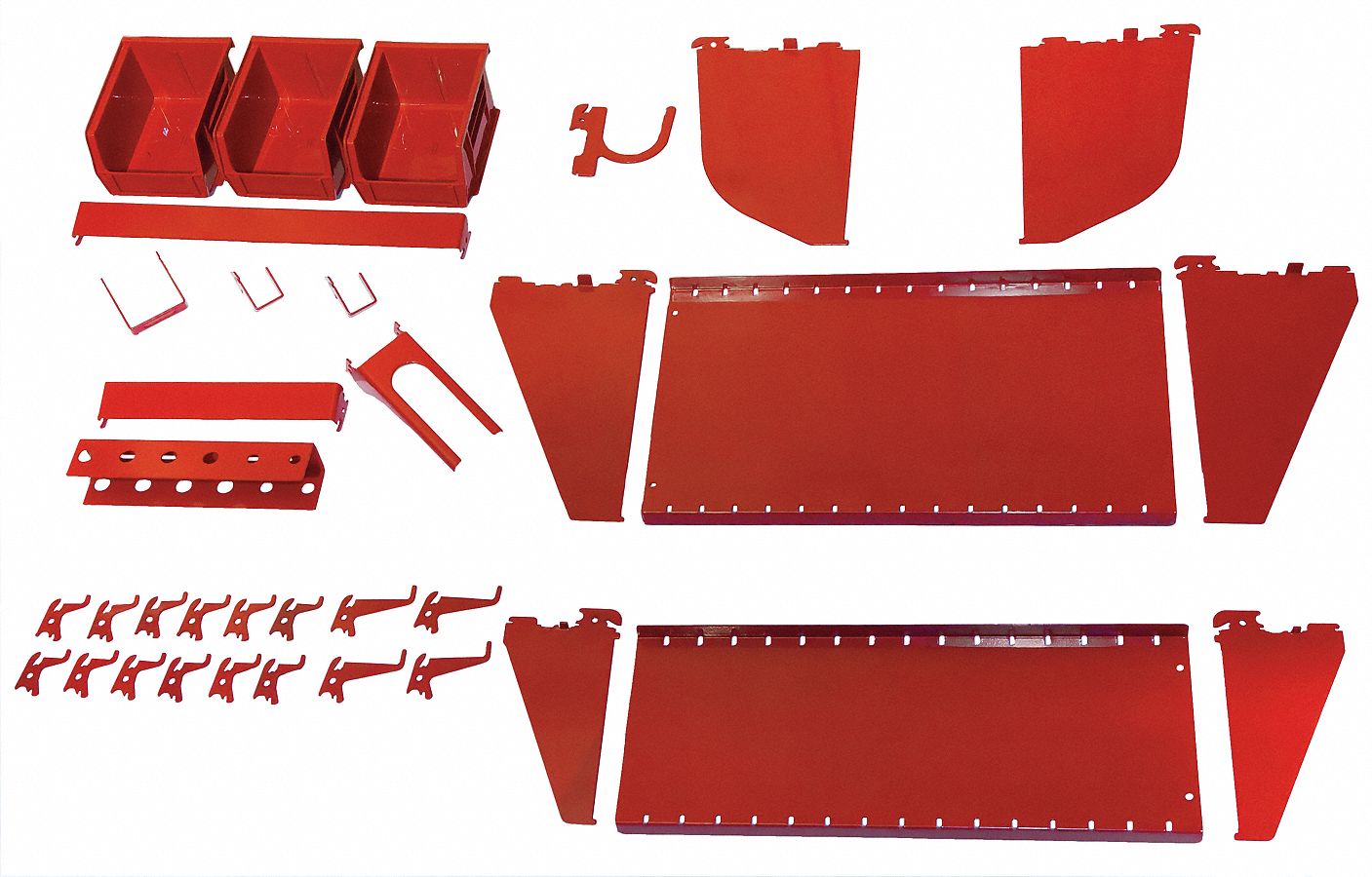 Toolboard Accessory Kit: 29 Hooks, 3 Bins, Red, Steel, Powder Coated