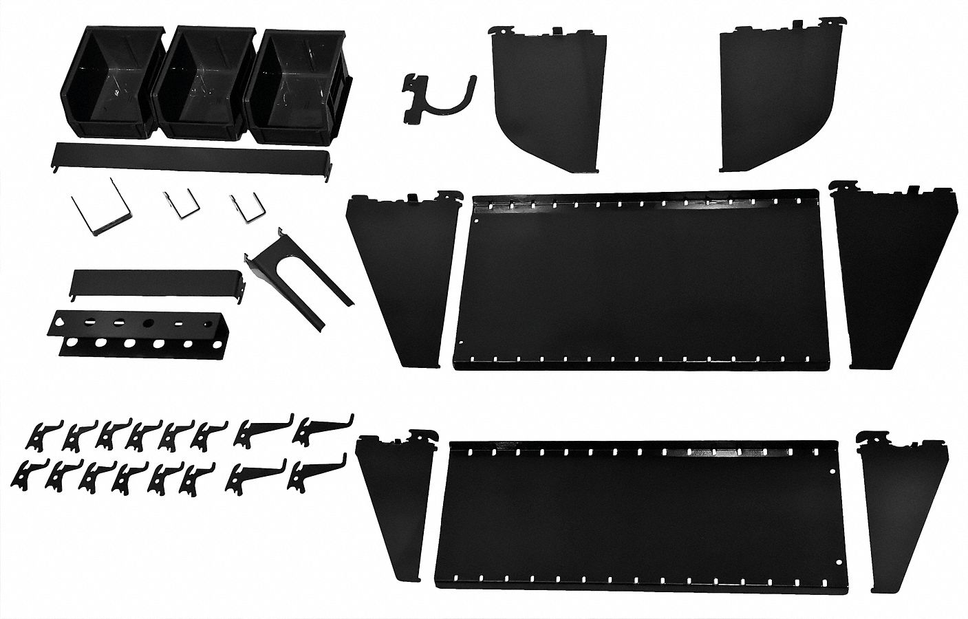 Toolboard Accessory Kit: 17 Hooks, 3 Bins, Black, Steel, Powder Coated