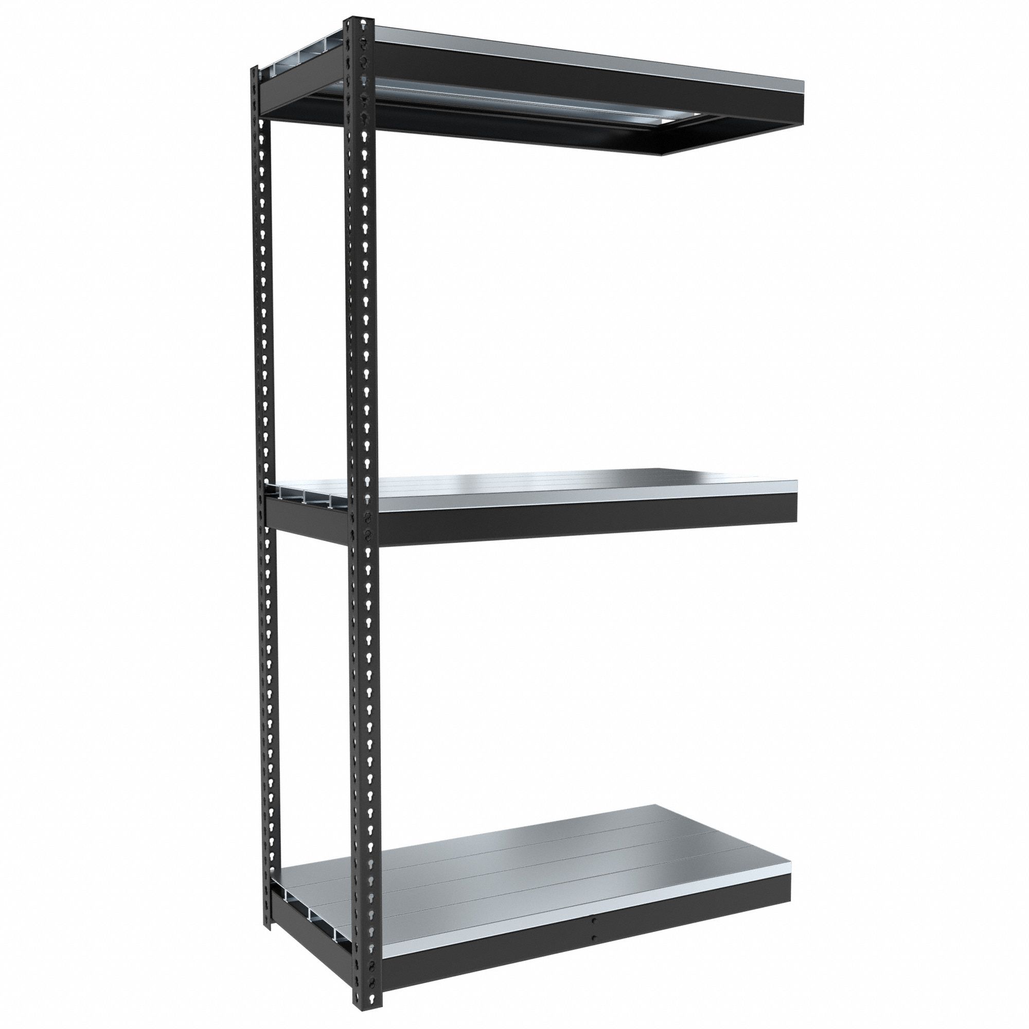 Boltless Shelving: Add-On, Medium-Duty, 48 in x 24 in, 84 in Overall Ht, 3 Shelves, Steel