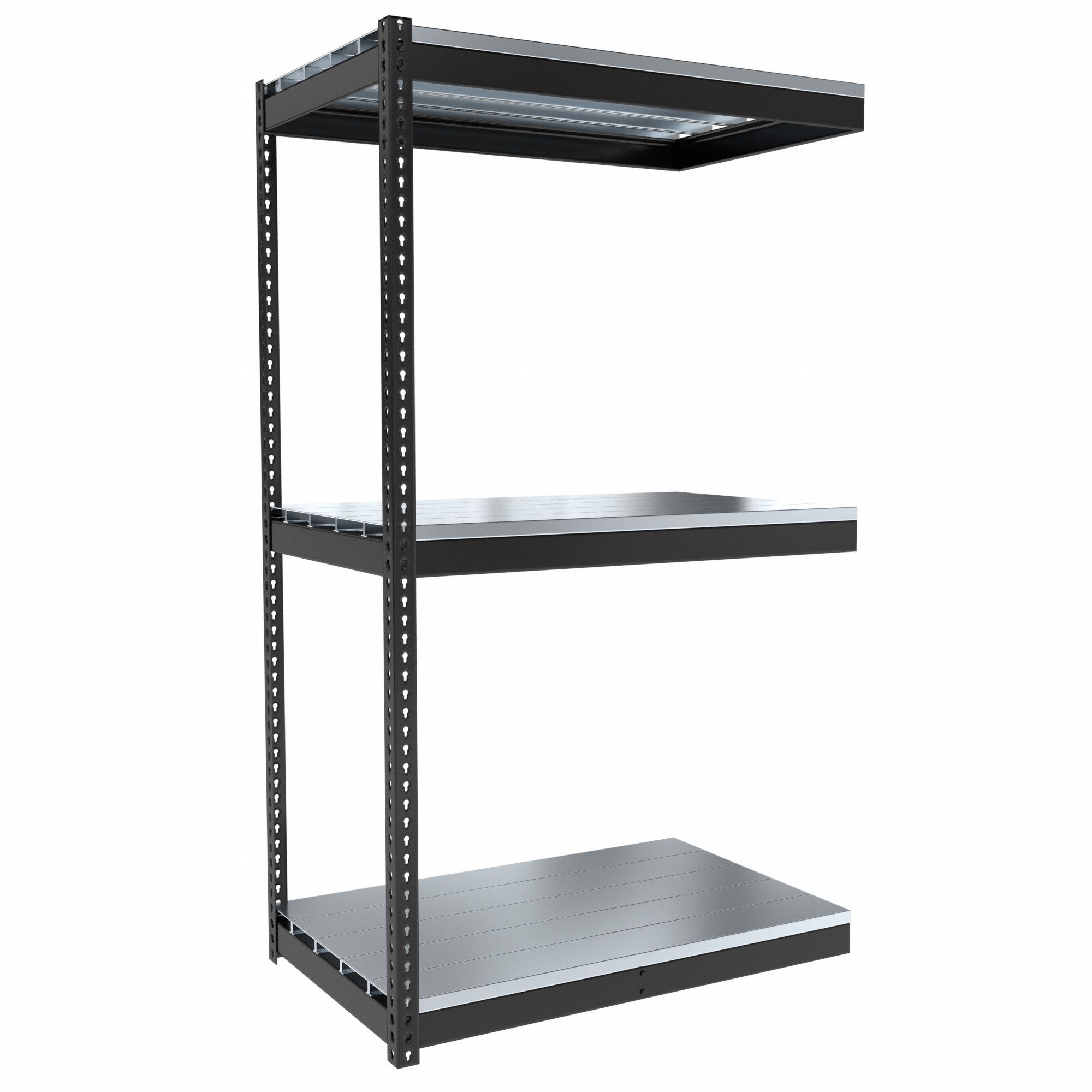 Boltless Shelving: Add-On, Medium-Duty, 48 in x 30 in, 84 in Overall Ht, 3 Shelves, Steel