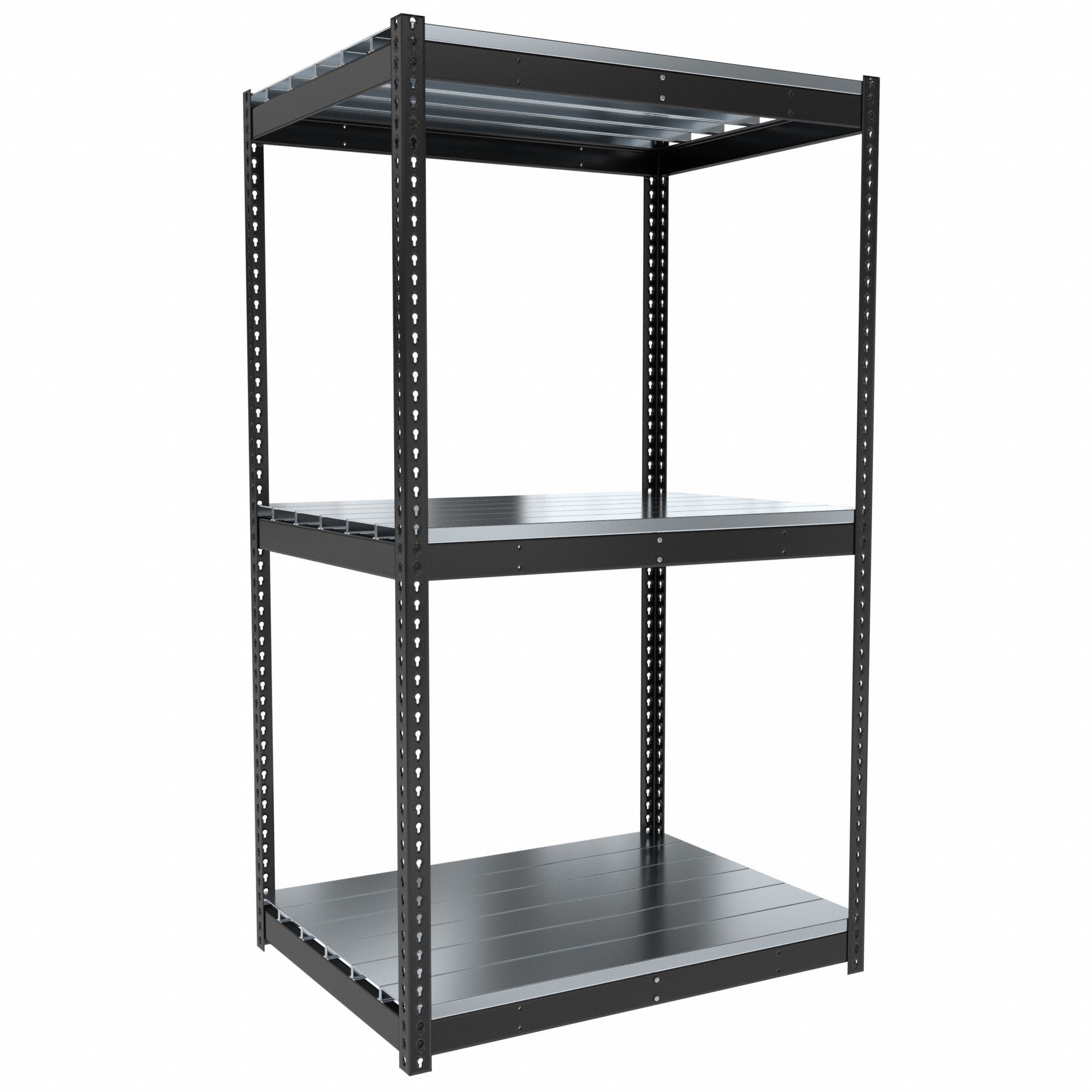 Boltless Shelving: Starter, Medium-Duty, 48 in x 36 in, 84 in Overall Ht, 3 Shelves, Steel