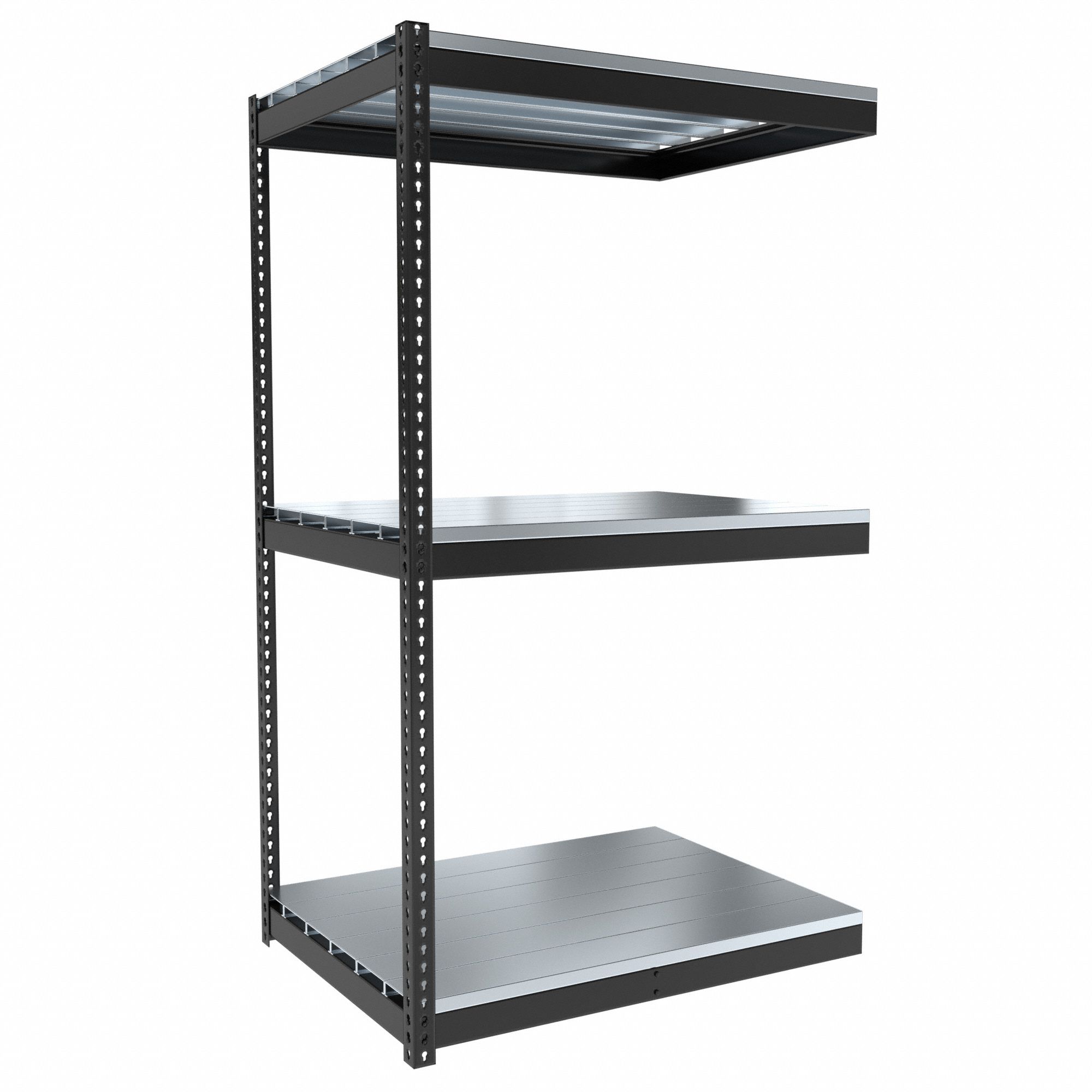 Boltless Shelving: Add-On, Medium-Duty, 48 in x 36 in, 84 in Overall Ht, 3 Shelves, Steel