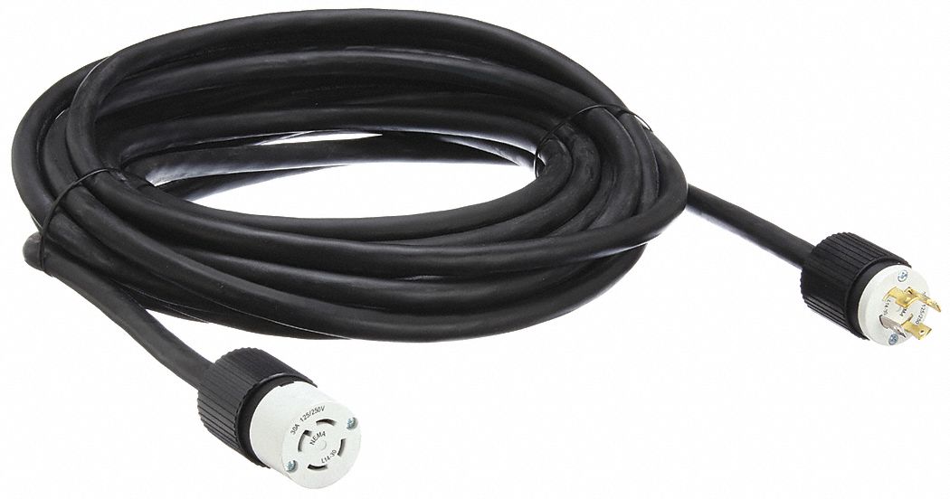 Extension Cord: 50 ft Cord Lg, 10 AWG Wire Size, 10/4, SOW, NEMA L14-30P, Black, 1 Outlets