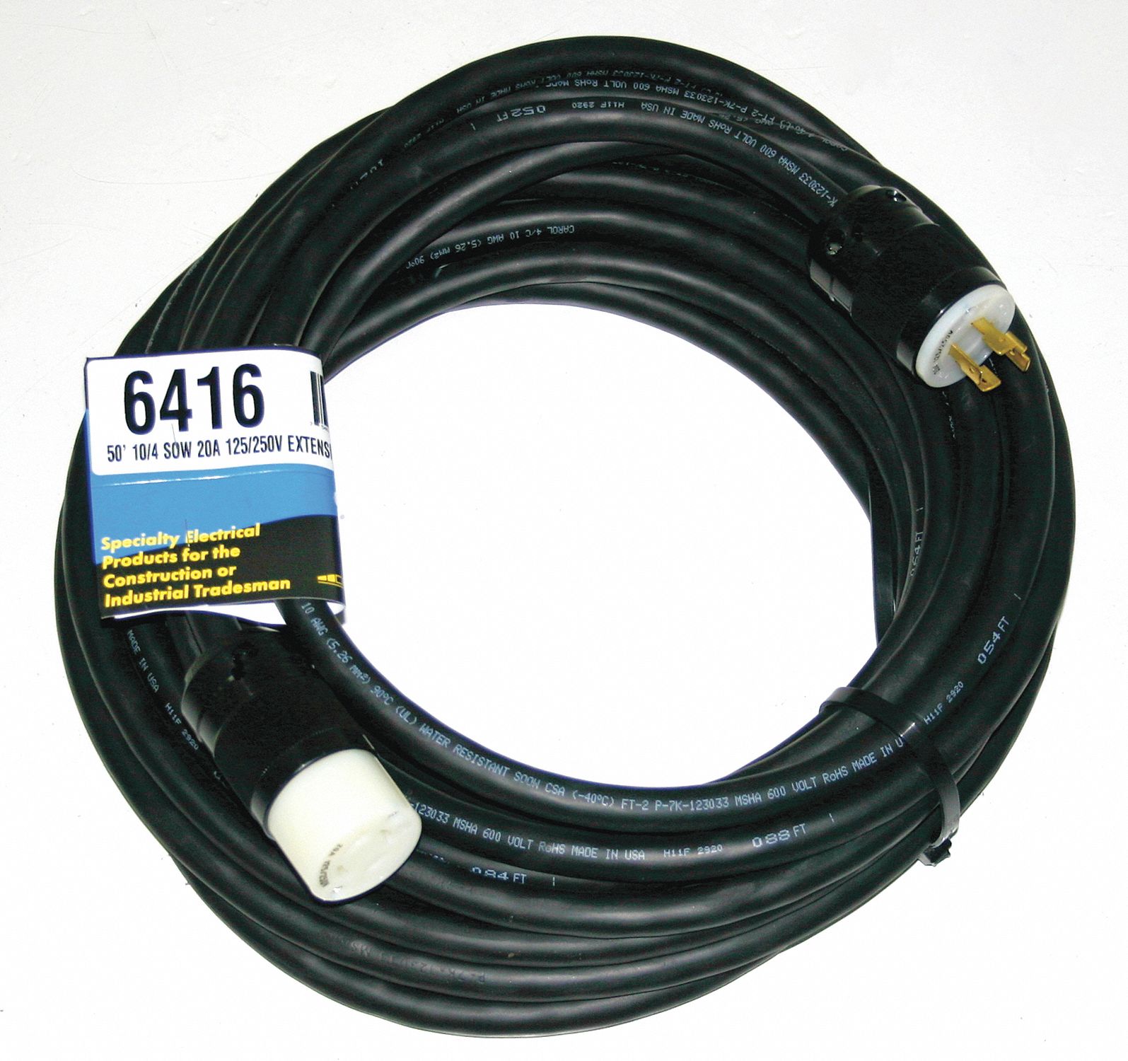 Indoor/Outdoor Extension Cord, 50 ft. Cord Length, 10/4 Gauge/Conductor, 20 Max. Amps