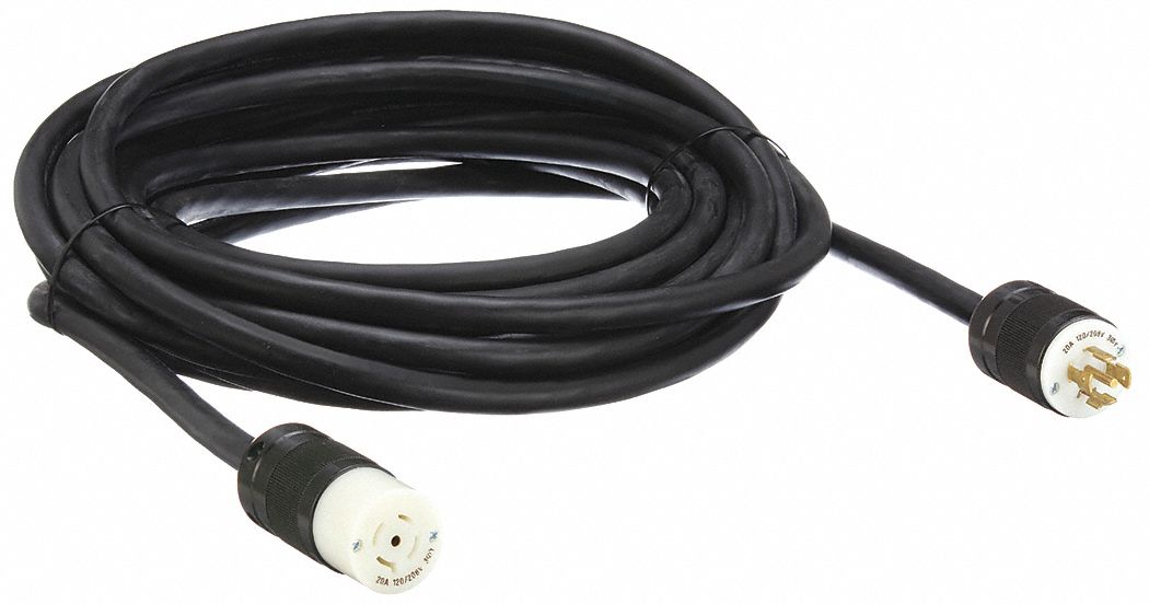 Extension Cord: 50 ft Cord Lg, 12 AWG Wire Size, 12/5, SOW, NEMA L21-20P, Black, 1 Outlets