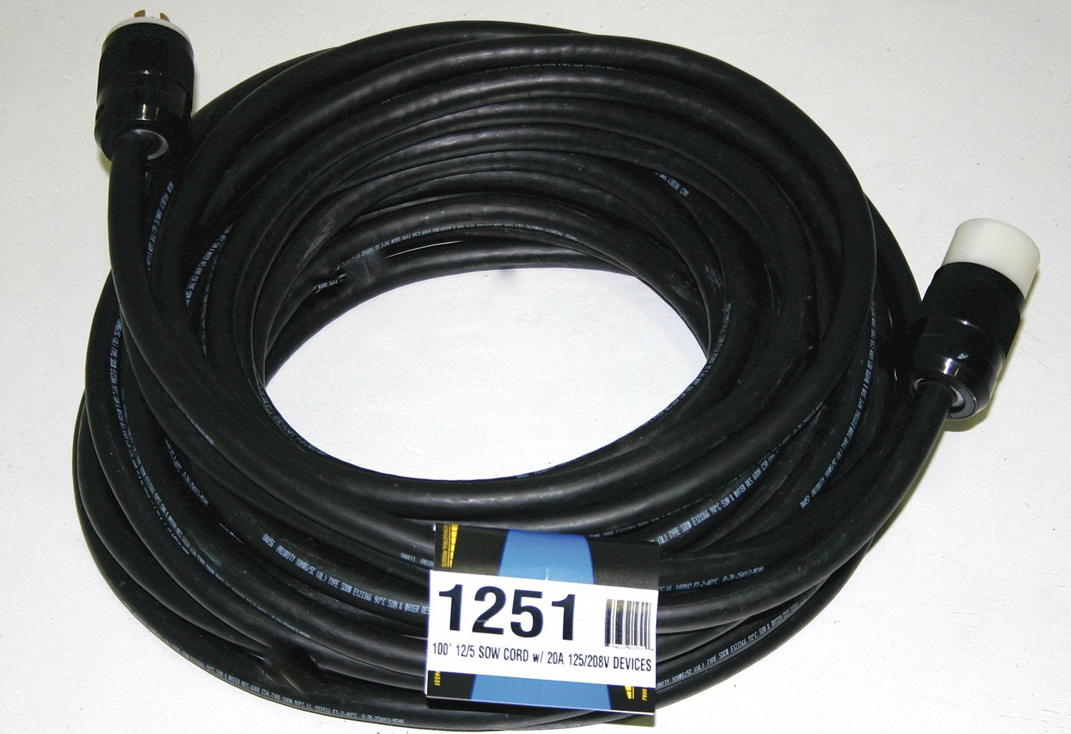 Indoor/Outdoor Extension Cord, 100 ft. Cord Length, 12/5 Gauge/Conductor, 20 Max. Amps